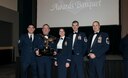 From Left, Tech. Sgt. Cory Welton, 111th Air Support Operations Squadron, tactical air command and control craftsman, Lt. Col. Chris Panush, 111th Air Support Operations Squadron, detatchment commander,  Col. Jill Lannan , 194th Regional Support Wing, commander, Master Sgt. Johnny Lawton, 11th Air Support Operations Squadron, 1st Sgt. and Chief Master Sgt. Kevin Whalen 111th Air Support Operations Squadron, chief pose with thier outstanding unit award trophy at the Washington Air National Guard Annual Awards Banquet held at the Spokane Convention Center, Spokane, Wash. on Feb. 8, 2014. The unit was awarded the trophy  for their outstanding contributions to the Washington Air National Guard over the last year. (U.S. Air National Guard Photo by Tech. Sgt. Michael L. Brown/Released)