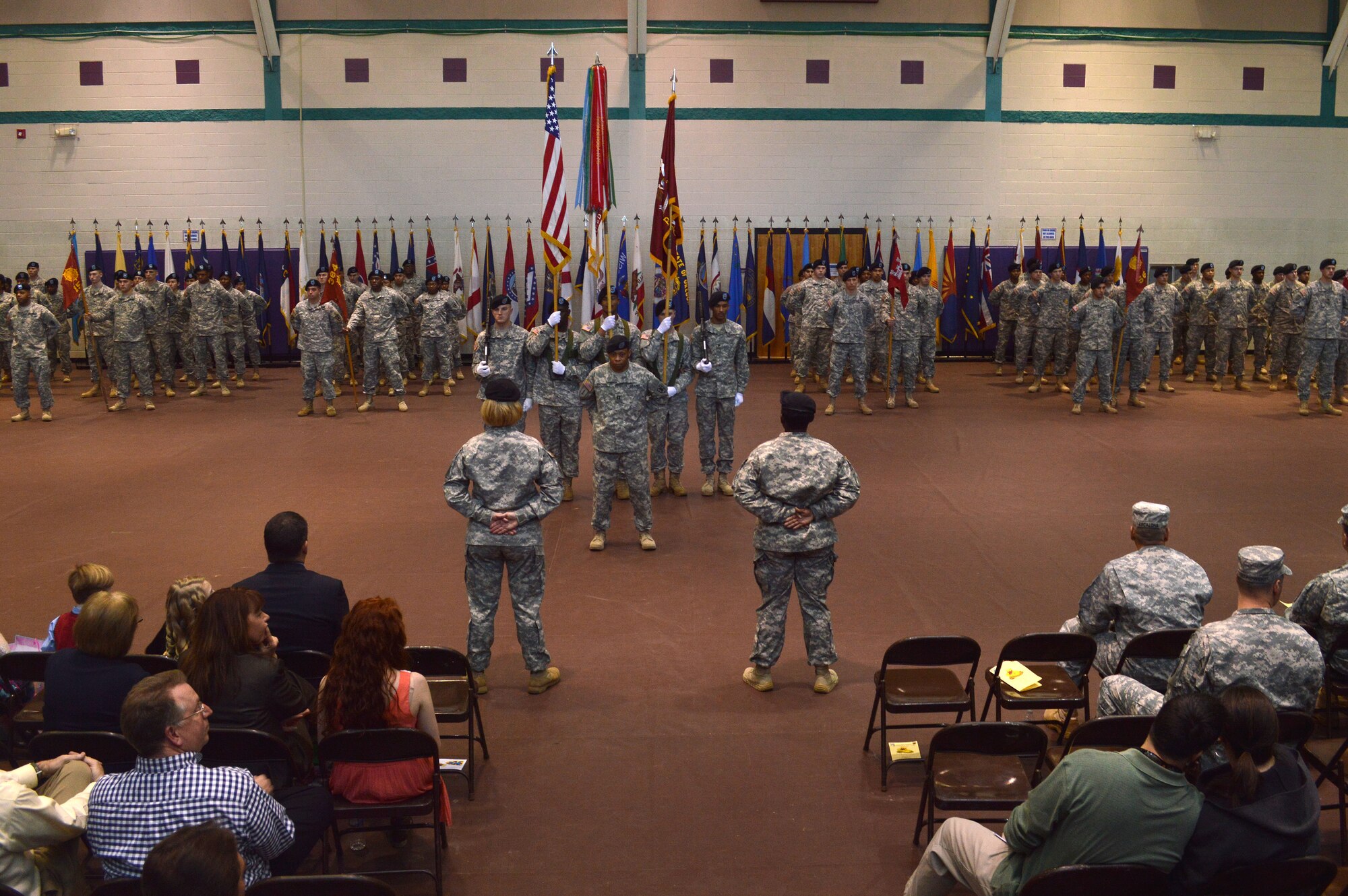 Members of the 53rd Transportation Battalion, 7th Transportation Brigade (Expeditionary) stand in formation during a change of command ceremony at Fort Eustis, Va., Feb. 18. The 53rd Trans. Bn. specializes in moving troops, equipment and other critical assets to the front lines. (U.S. Army photo by Sgt. Stefanie Warner/Released)