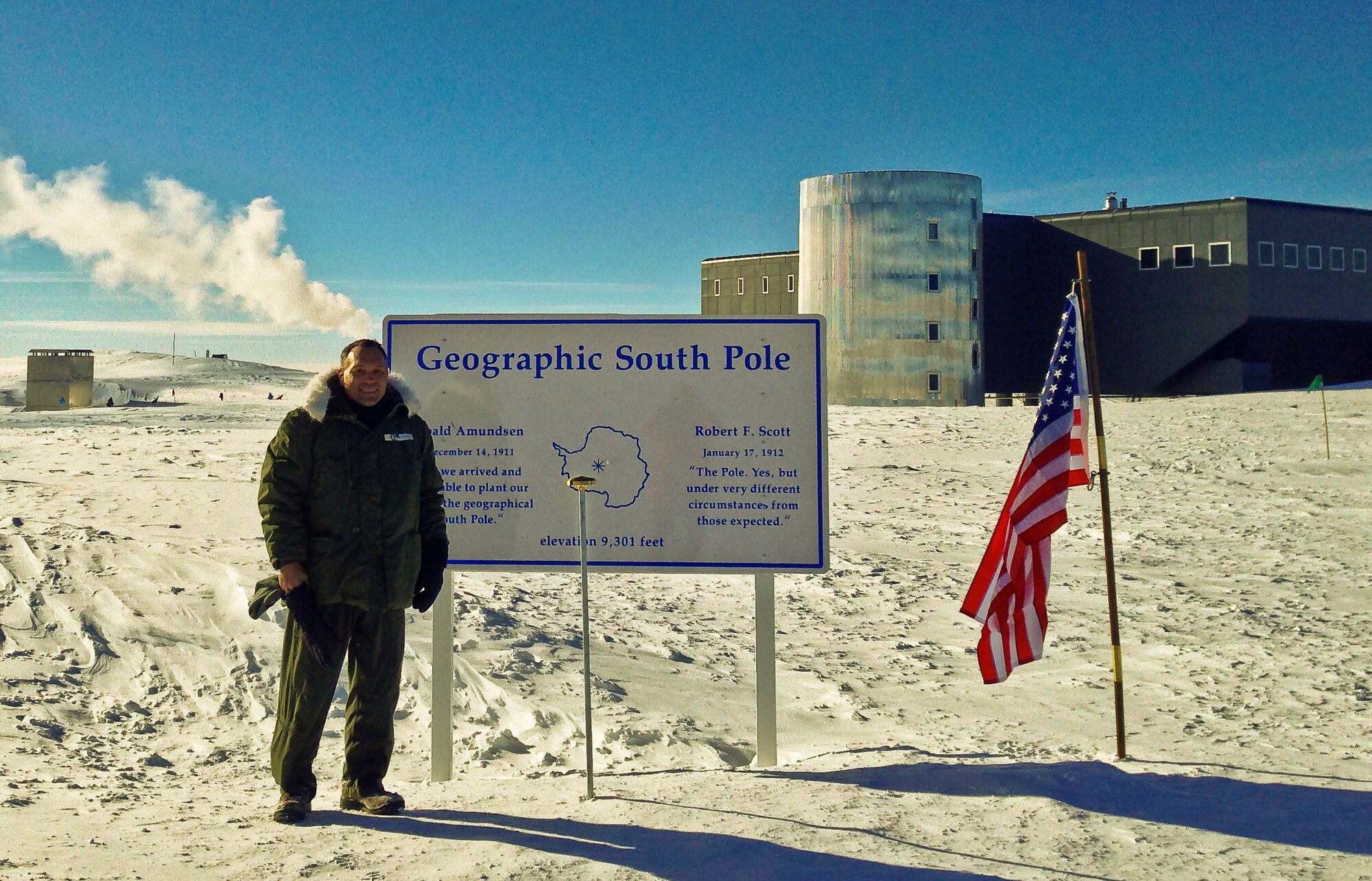 U.S. Air Force Col. Steven S. Norris, 182nd Medical Group commander, stands at the South Pole during his deployment to McMurdo Station, Antarctica, Nov. 21, 2013. The doctor deployed as a flight surgeon in support of Operation Deep Freeze’s mission to provide airlift for the National Science Foundation. There, the Iraq and Afghanistan War veteran with almost two decades of military service experienced the most limited and remote working conditions of his career. (Courtesy photo from Col. Steven Norris/Released)