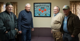 Steve Selley, Bob Delicio, Larry Borowiecki and Mike Kellie, Joint Base Charleston Skeet and Trap Range volunteers, proudly display the newly renovated range facility Feb. 14, 2014, at the Skeet and Trap Range on Joint Base Charleston – Air Base, S.C. The Skeet and Trap Range was established during World War II and is still in operation today thanks to volunteers. (U.S. Air Force photo/ Airman 1st Class Clayton Cupit) 