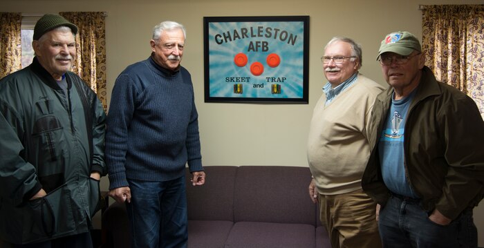 Steve Selley, Bob Delicio, Larry Borowiecki and Mike Kellie, Joint Base Charleston Skeet and Trap Range volunteers, proudly display the newly renovated range facility Feb. 14, 2014, at the Skeet and Trap Range on Joint Base Charleston – Air Base, S.C. The Skeet and Trap Range was established during World War II and is still in operation today thanks to volunteers. (U.S. Air Force photo/ Airman 1st Class Clayton Cupit) 
