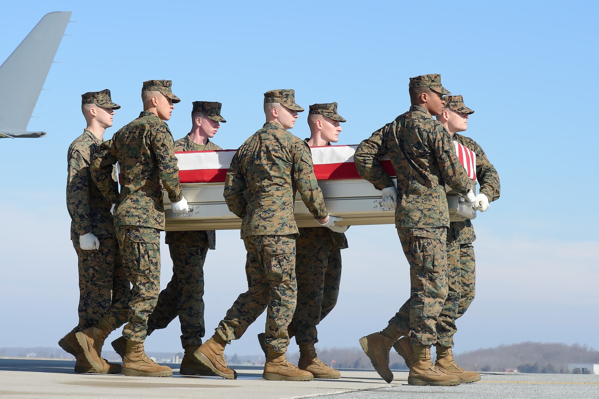 A U.S. Marine Corps carry team transfers the remains of Master Sgt. Aaron C.Torian, of Paducah, Ky., Feb.18, 2014, Dover Air Force Base, Del. Torian was assigned to 2nd Marine Special Operations Battalion, Marine Special Operations Regiment, U.S. Marine Corps Forces Special Operations Command, Camp Lejeune, N.C. (U.S. Air Force photo/Greg L. Davis)