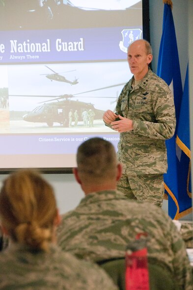 The New Hampshire Adjutant General, Maj. Gen. William N. Reddel III opens the first-ever N.H. Medical Symposium Feb. 9, 2014, Pease Air National Guard Base, Portsmouth, N.H. The state’s senior leader opened the symposium with a charge to find better business practices to execute the medical mission in the state. (N.H. Air National Guard photo by Airman 1st Class Kayla McWalter/RELEASED)