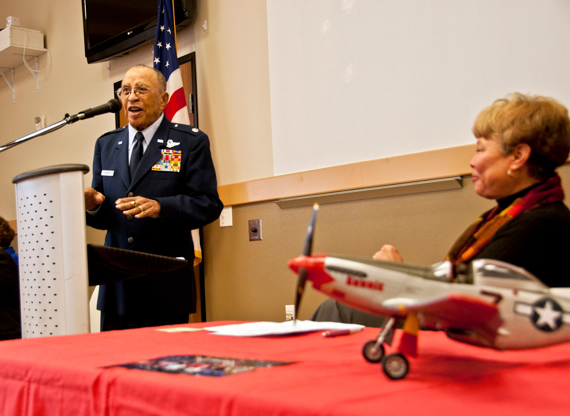 Lt. Col. (ret.) James Warren, an original Tuskegee Airman, recounts his memories of his 35-year service to the crowd after designating the “Tuskegee Airmen Memorial Highway” Feb. 6 at the Veterans Hall in Dixon, Ca. (U.S. Air Force photo/Senior Airman Madelyn Brown)