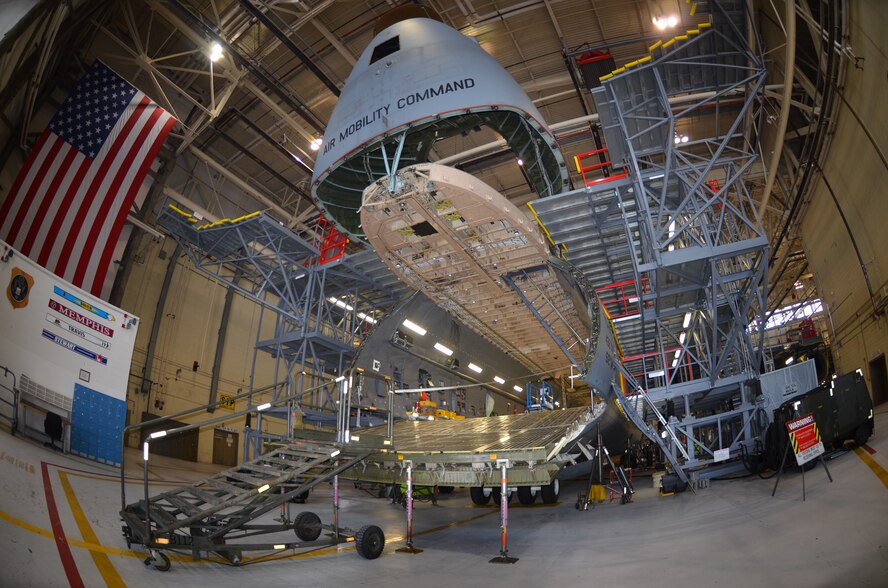 The C-5 Regional Isochronal inspection dock at Westover Air Reserve Base, Chicopee, Mass., hosts a C-5M from Dover Air Force Base, Del., for routine maintenance and inspection, Feb. 8, 2014. C-5 isochronal inspections are performed at only three sites which are: Dover, Del., Martinsburg, W.V., and Westover, Mass. (U.S. Air Force photo/SSgt. Kelly Goonan)