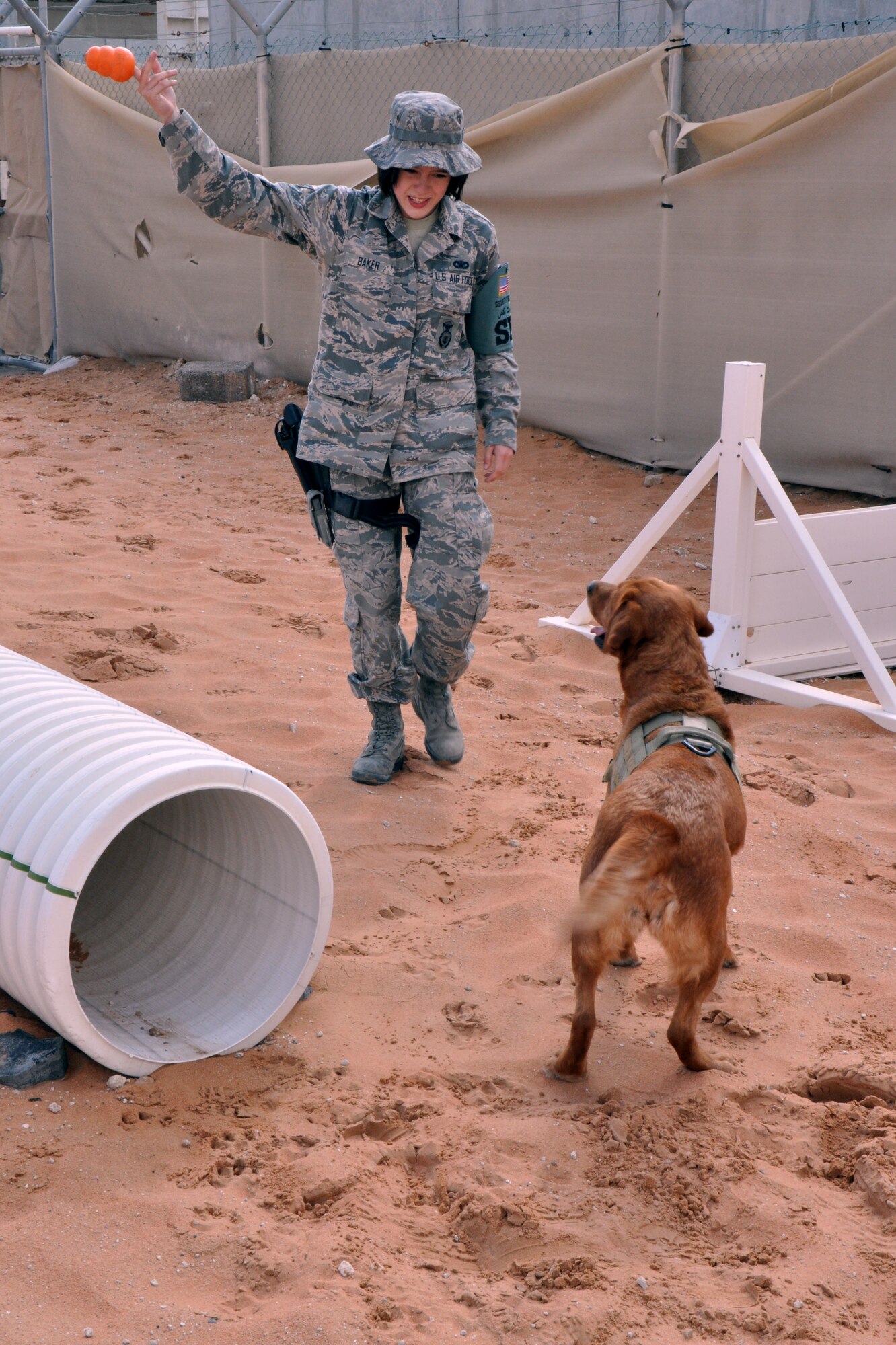 Air Force Senior Airman Samantha Baker, a military working dog handler deployed to the 380th Expeditionary Security Forces Squadron, gets Penny’s attention with a toy during a training session in the obstacle course here. (U.S. Air Force photo by Master Sgt. April Lapetoda/Released)