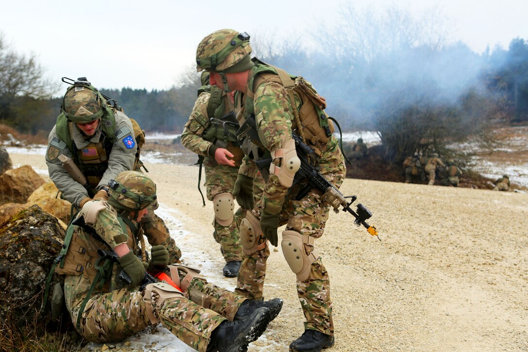 U.S. Marines and Georgian soldiers conduct a squad-patrol and Close Air Support familiarity exercise at the Joint Multinational Readiness Center in Hohenfels, Germany, Feb. 10, 2014. The Marines are assigned to a program led by Marine Corps Forces Europe and Africa, designed to prepare Georgian infantry battalions to support the International Security Assistance Force and its operations in Afghanistan.