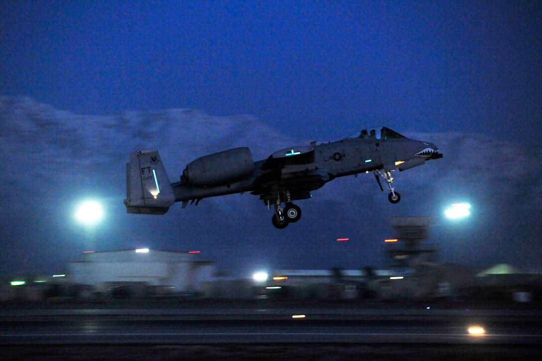 A U.S. Air Force A-10 Warthog aircraft takes off on a nighttime mission from Bagram Airfield, Afghanistan, Feb. 11, 2014.