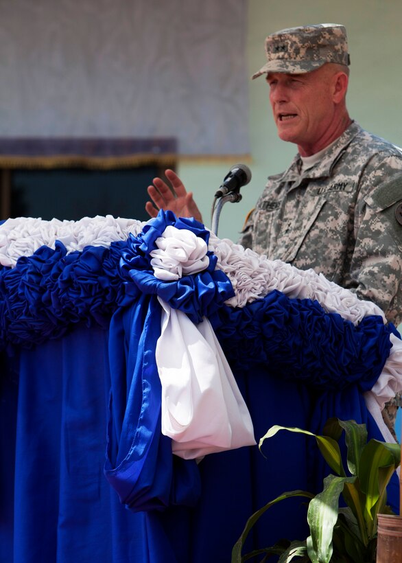 U.S. Army Maj. Gen. Roger Mathews speaks during a dedication ceremony Feb. 19 at the Ban Sa la Kai Fub School as part of Exercise Cobra Gold 2014 in Sukhothai, Kingdom of Thailand. During the exercise, four schools were constructed throughout Thailand. CG 14, in its 33rd iteration, demonstrates the U.S. and the Kingdom of Thailand's commitment to their long-standing alliance and regional partnership, prosperity and security in the Asia-Pacific region. Mathews is the deputy commanding general of U.S. Army, Pacific. 