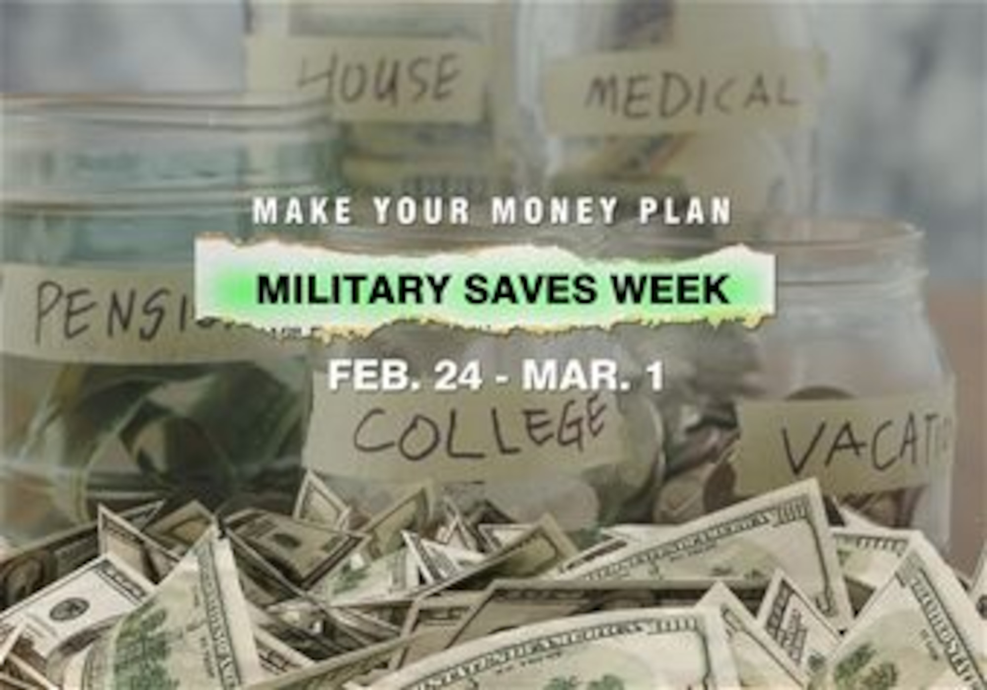 Service members, Department of Defense civilians and their families are encouraged to pledge to put away paychecks during the annual Military Saves Week, which is slated to kick off Feb. 24 and run through March 1. (U.S. Air Force graphic by Naoko Shimoji)