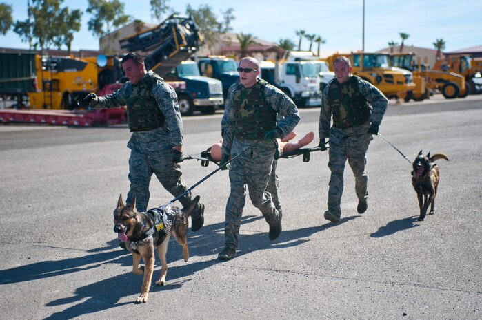 The 99th Security Forces Squadron "Mutts" team carry a litter with an 145 pound dummy to an emergency response vehicle during the 820th RED HORSE Life of a Warrior challenge in Area 2 Feb. 13, 2014, at Nellis Air Force Base, Nev. The "Mutts" brought K-9s that participated with them in the event. Life of a Warrior is designed for people to strive to achieve his or her maximum potential.  (U.S. Air Force photo by Airman 1st Class Jake Carter)



