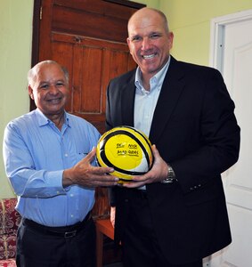 U.S. Army Col. Thomas Boccardi, Commander, Joint Task Force-Bravo, presents a "Kick for Nick" soccer ball to Ruben Raudales, Governor of the Department of La Paz, Honduras, Feb. 19, 2014.  Boccardi spent the day meeting with leaders of several communities surrounding Soto Cano Air Base.  During the meetings, Boccardi presented each leader with more than twenty soccer balls and a collection of soccer jerseys donated from the "Kick for Nick" non-profit organization, which collects and distributes soccer balls for underprivileged children in honor of fallen U.S. Army Pvt. Nick Madaras, who was killed in Iraq in 2006.