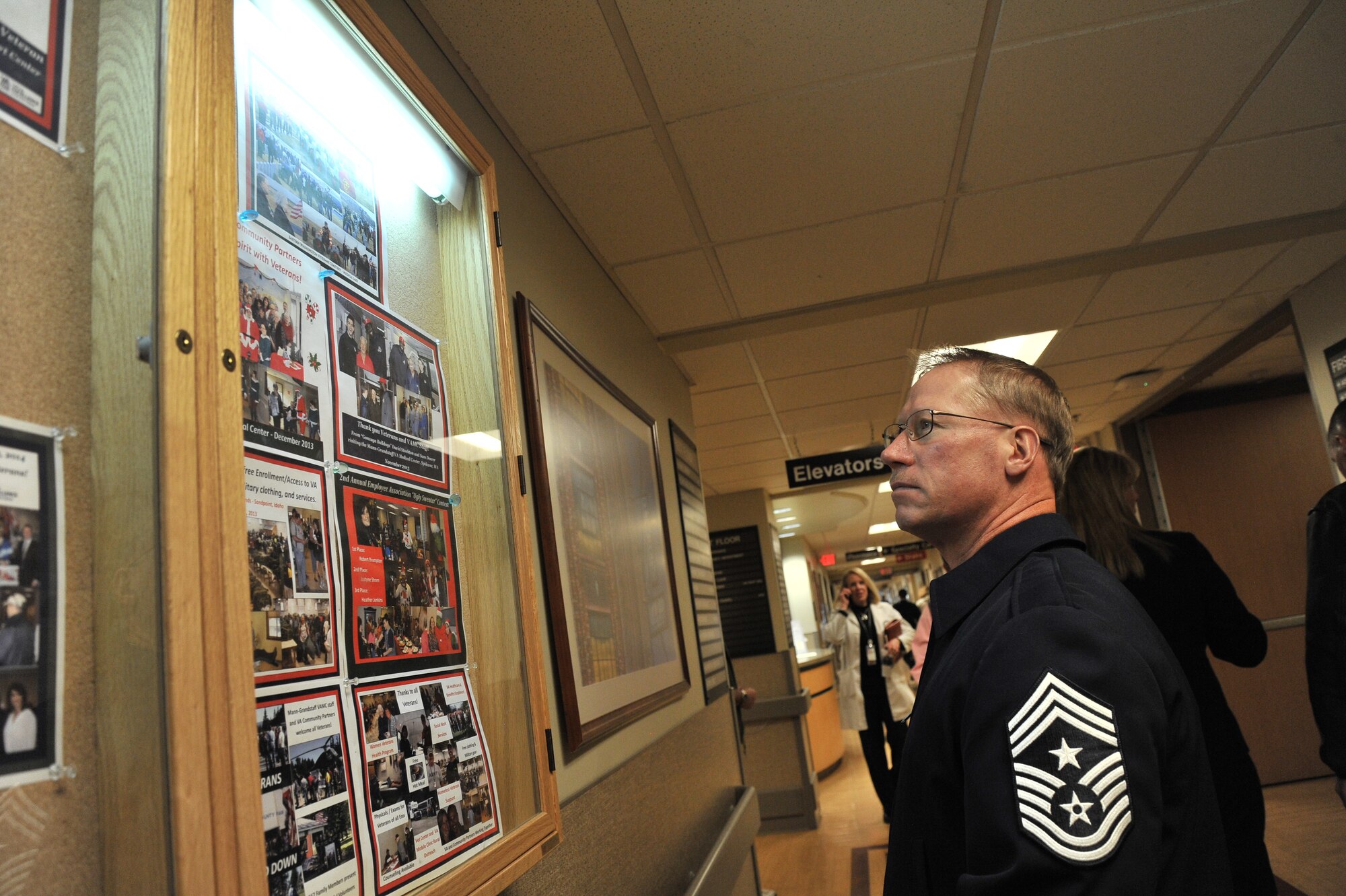 Chief Master Sgt. Wayne Deist, the 141st Air Refueling Wing command chief, tours the Spokane Veterans Affairs Medical Center in Spokane, Wash., Feb. 14, 2014. The Spokane VAMC is dedicated to providing quality health care services to veterans. In carrying out this mission, the VAMC focuses on providing primary and secondary care, with emphasis on preventive health and chronic disease management. Sharing agreements exist with the 92nd Medical Group at Fairchild AFB, Indian Health Services for Native Americans, and the Idaho and Washington State Departments of Veterans Affairs for the care of state home residents in Lewiston, Idaho, and Spokane. (U.S. Air Force photo by Staff Sgt. Alexandre Montes/Released) 