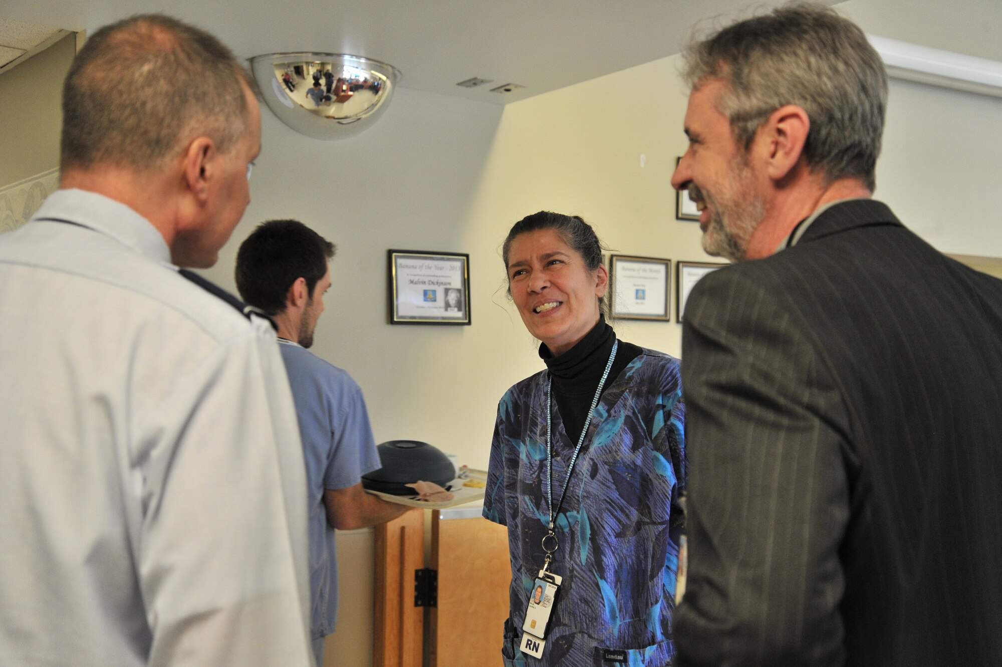 Col. William Thomas, the 336th Training Group commander (left), speaks with Laurie Miles, registered nurse, during his tour of the Spokane Veterans Affairs Medical Center facilities in Spokane, Wash., Feb. 14, 2014. The Spokane VAMC is dedicated to providing quality health care services to veterans. In carrying out this mission, the VAMC focuses on providing primary and secondary care, with emphasis on preventive health and chronic disease management. Sharing agreements exist with the 92nd Medical Group at Fairchild AFB, Indian Health Services for Native Americans, and the Idaho and Washington State Departments of Veterans Affairs for the care of state home residents in Lewiston, Idaho, and Spokane. (U.S. Air Force photo by Staff Sgt. Alexandre Montes/Released) 