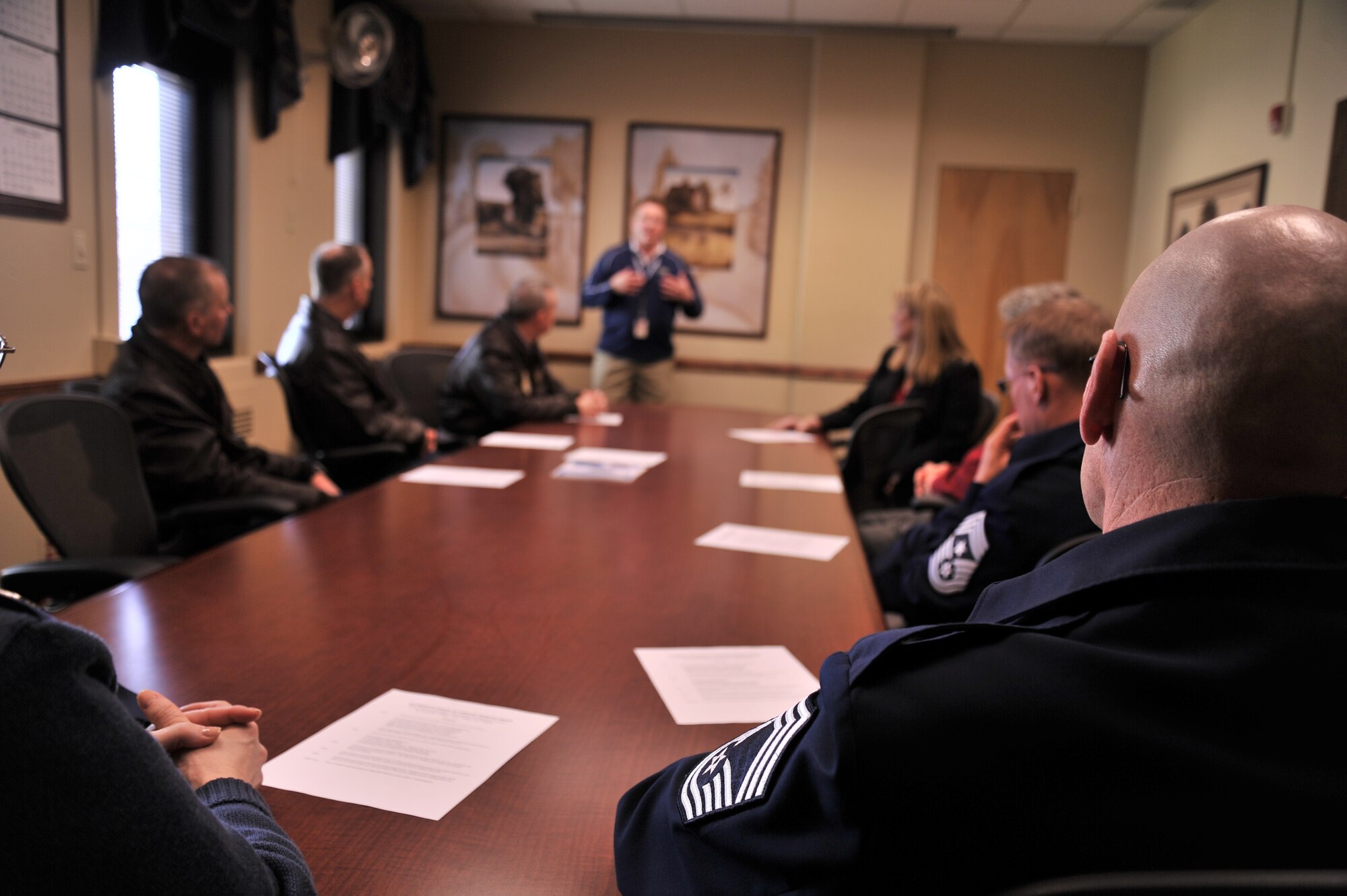 Active Duty and Air National Guard leadership from Fairchild Air force Base, Wash., meet with Spokane Veterans Affairs Medical Center staff about upcoming projects and recent advancements in medical care Spokane Wash., Feb. 14, 2014. The Spokane VAMC is dedicated to providing quality health care services to veterans. In carrying out this mission, the VAMC focuses on providing primary and secondary care, with emphasis on preventive health and chronic disease management. Sharing agreements exist with the 92nd Medical Group at Fairchild AFB, Indian Health Services for Native Americans, and the Idaho and Washington State Departments of Veterans Affairs for the care of state home residents in Lewiston, Idaho, and Spokane. (U.S. Air Force photo by Staff Sgt. Alexandre Montes/Released) 