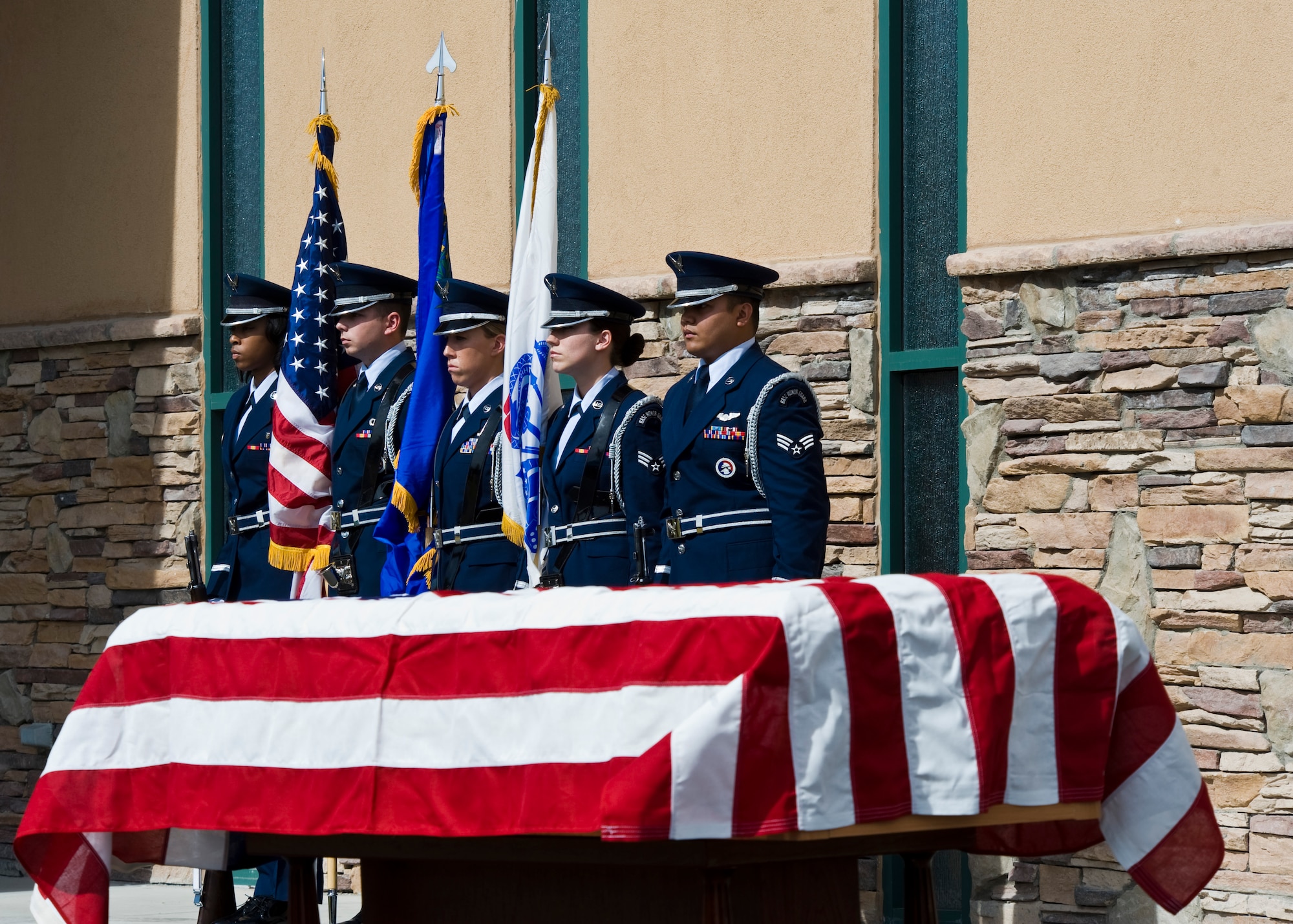 Airmen assigned to the Nellis Air Force Base Honor Guard render military honors during retired Maj. Fredric Foz's Funeral at Palm Mortuary and Cemetery, Feb. 18, 2014, Las Vegas. Foz was a survivor of the Bataan Death March. During the battle of Bataan, American and Filipino soldiers held out for four months against the Imperial Japanese Army.  The only part of the western pacific that was not under control of the Japanese was the Philippines. For four months, soldiers lived in the hot tropical jungle of Bataan on half rations.  Gen. MacArthur’s plan was to defend until the U.S. Navy could bring reinforcement troops and supplies from the U.S. (U.S. Air Force Photo by Senior Airman Jason Couillard)