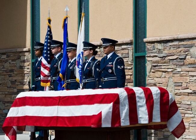 Airmen assigned to the Nellis Air Force Base Honor Guard render military honors during retired Maj. Fredric Foz's Funeral at Palm Mortuary and Cemetery, Feb. 18, 2014, Las Vegas. Foz was a survivor of the Bataan Death March. During the battle of Bataan, American and Filipino soldiers held out for four months against the Imperial Japanese Army.  The only part of the western pacific that was not under control of the Japanese was the Philippines. For four months, soldiers lived in the hot tropical jungle of Bataan on half rations.  Gen. MacArthur’s plan was to defend until the U.S. Navy could bring reinforcement troops and supplies from the U.S. (U.S. Air Force Photo by Senior Airman Jason Couillard)