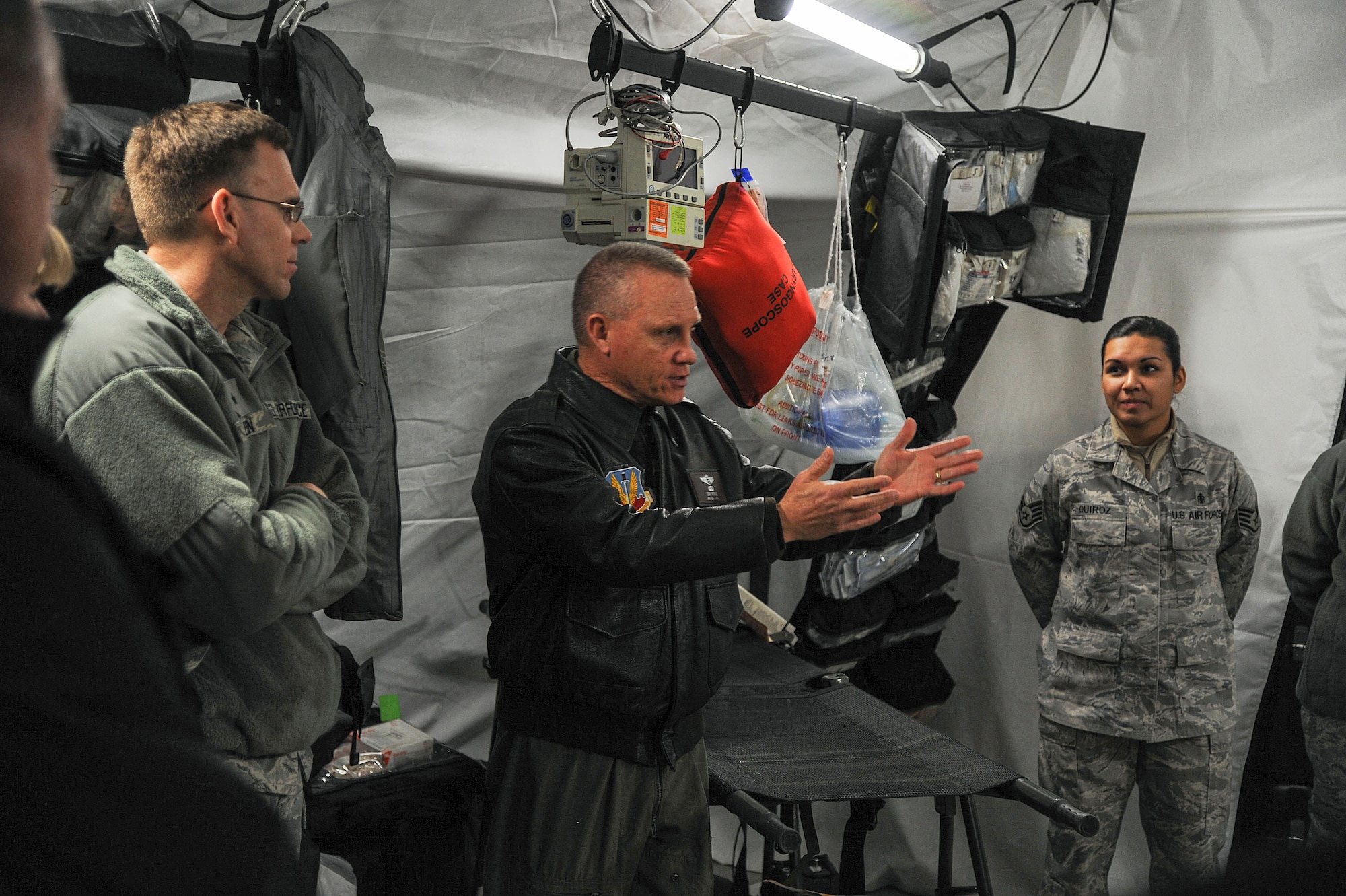 Brig. Gen. Daniel Wyman, Air Combat Command’s Command Surgeon, visited the Expeditionary Medical Support System exercise location on Langley AFB Va., 17 February, 2014. Wyman explained how useful the Expeditionary Medical Support System is to deployed environments. (U.S. Air Force photo by Staff Sgt. Steve Stanley/Released)