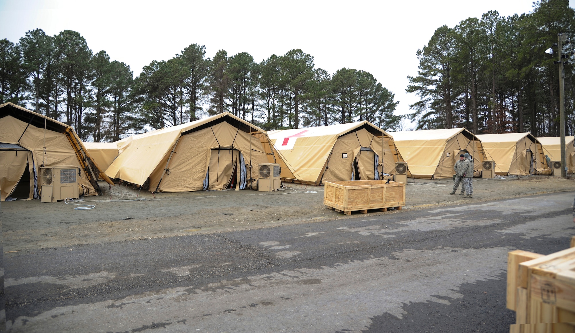 Recent equipment added to the Expeditionary Medical Support System is a new tent structure containing collective protection materials to protect against chemical, biological, radiological and nuclear attacks. The materials are incorporated into the outer skin of the structure, making it easier for the overall set up. (U.S. Air Force photo by Staff Sgt. Steve Stanley/Released)
