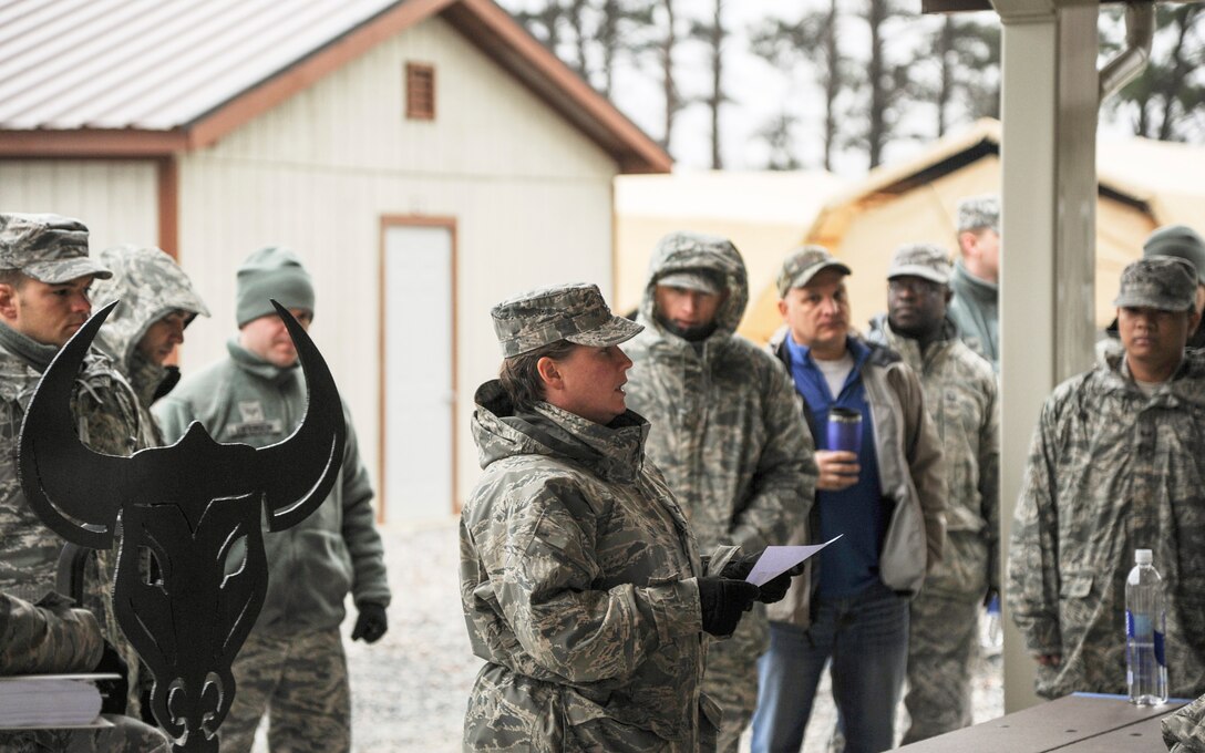 Col. Joann Frye, Expeditionary Medical Support System (EMEDS) Expeditionary Medical Group commander, Langley AFB, gives direction on the order of events for the day at the location of an exercise. Teams from the San Antonio Military Medical Center have partnered with the humanitarian Relief Team, Medical Group staff and War Reserve Materiel section on Langley AFB, to set up and test a new tent structure and equipment for the EMEDS 13 – 17 February, 2014. (U.S. Air Force photo by Staff Sgt. Steve Stanley/Released)