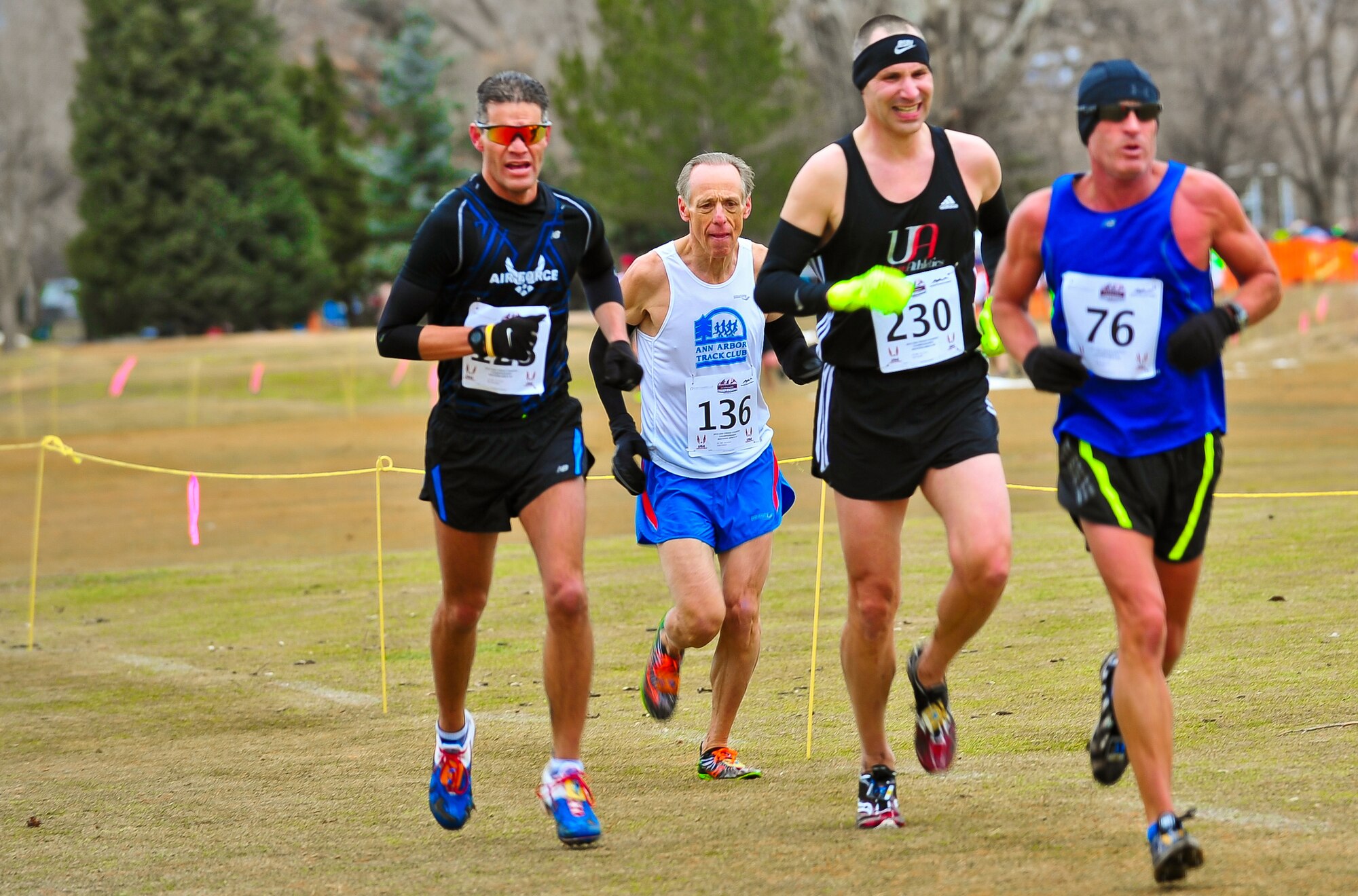 Air Force Reserve Chief Master Sgt. Alex C. Escarcega (left) keeps good pace February 15, 2014 at Flatirons Golf Course in Boulder, Colo. Escarcega was the sole AF Reservist to compete in the 2014 Armed Forces Cross-Country Championship’s 8 kilometer event. Escarcega finished with a time of 34:24 in the Men’s Master category. Escarcega is assigned to the 310th Operations Group at Schriever Air Force Base, Colo., and serves as the organization’s chief enlisted manager. (U.S. Air Force photo/Tech. Sgt. Nicholas B. Ontiveros)