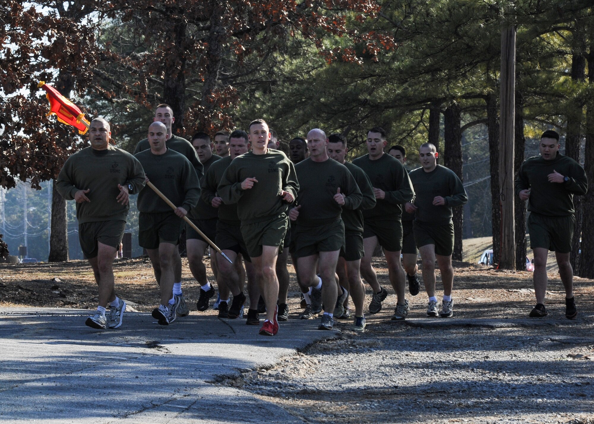 Approximetely 40 Marines from the Center for Naval Aviation Technical Training Unit, run in formation from the Marine barracks to the base lake for the second annual Polar Bear Plunge Feb. 13 at Little Rock Air Force Base, Ark. The Polar Bear Plunge a morale-boosting event that the Marines hold annually. (U.S. Air Force photo by Airman 1st Class Harry Brexel)