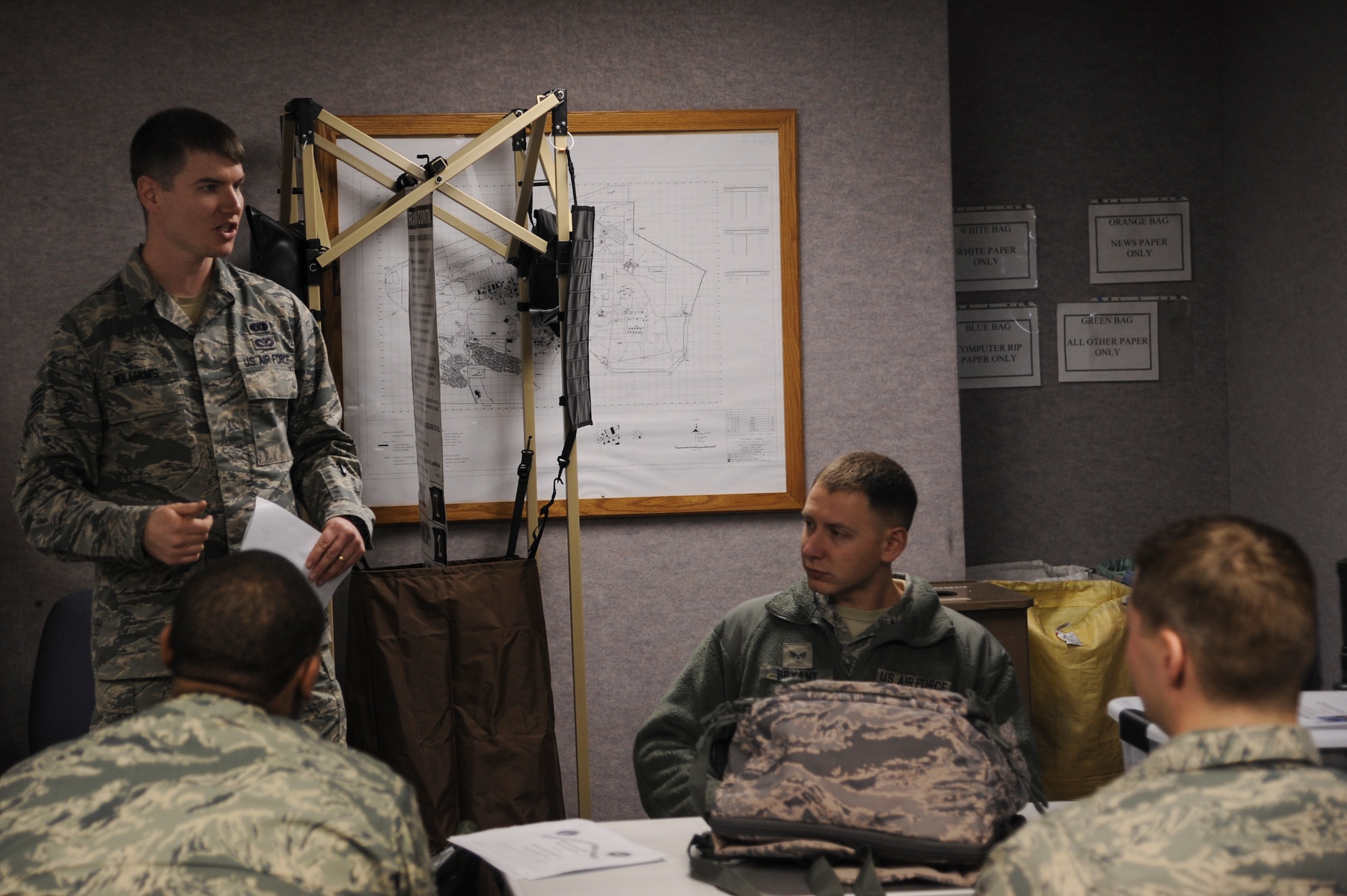 Staff Sgt. Nathan Williams, a 19th Civil Engineer Squadron emergency management journeyman, teaches a chemical, biological, radiological and nuclear defense class Feb. 12, 2014, at Little Rock Air Force Base, Ark. CBRN classes are taught every week at The Rock. (U.S. Air Force photo by Airman 1st Class Harry Brexel)