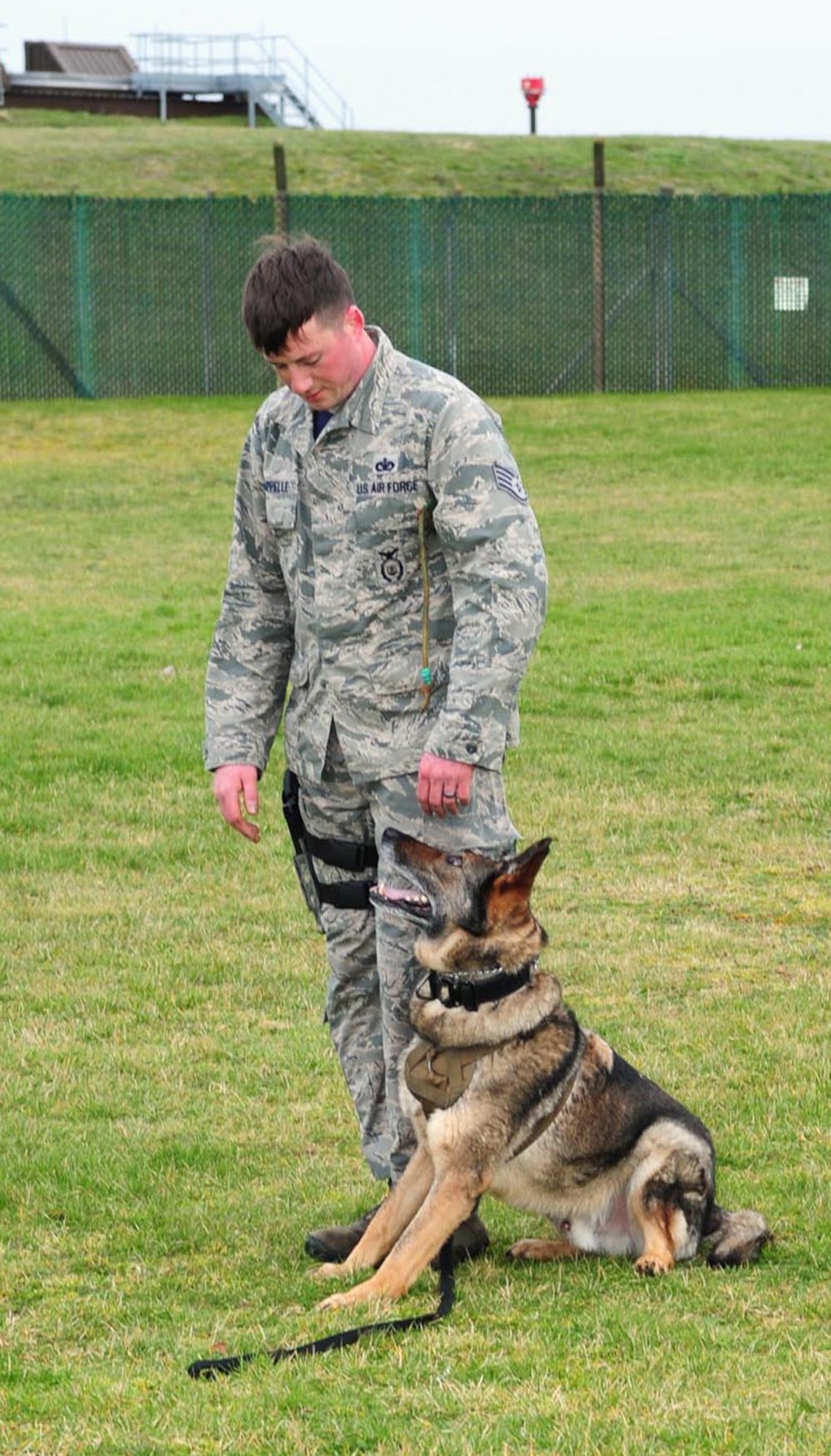 U.S. Air Force Staff Sgt. Barret Chappelle, 100th Security Forces Squadron Military Working Dog handler from Lafayette, La., gives commands to his partner, MWD Zulton, Feb. 14, 2014, during a training session on RAF Mildenhall, England. Zulton performed the Schutzhund style of training, where the dog barks at the decoy as an intimidation factor to ensure compliancy. The MWD teams are instrumental in many areas because of their capability in providing defense for critical buildings and facilities and to deliver a psychological deterrent. (U.S. Air Force photo by Karen Abeyasekere/Released)