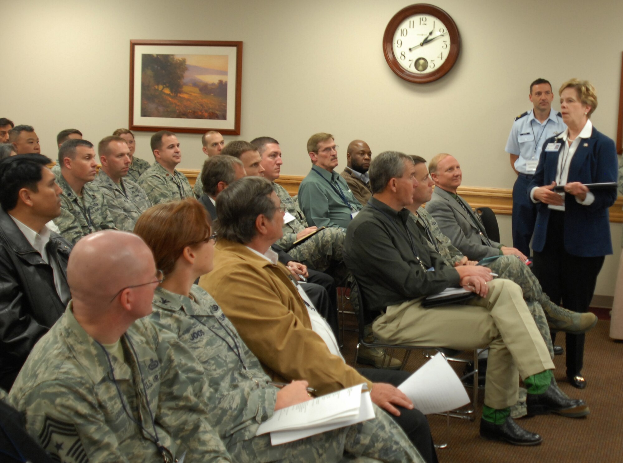 SAN ANGELO, Texas - Dr. Carol Ann Bonds, San Angelo Independent School District superintendent, briefs community stakeholders on SAISD’s resources and responsibilities Feb. 13 at the Angelo State University’s Houston Harte here. More than 55 representatives from Goodfellow Air Force Base and San Angelo collaborated on responsibilities and resources among community organizations as part of a seven-step process to discuss additional alliance scenarios as part of the Air Force Community Partnership Initiative. (U.S. Air Force photo/ Tech. Sgt. Jennifer Redente)