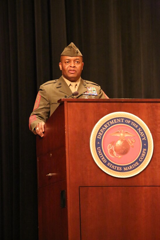Sgt. Maj. Michael Moore, former Headquarters and Service Battalion sergeant major, gives a speech during a relief and appointment   ceremony at Little Hall on Feb. 19, 2014. Sgt. Maj. Gerald Saunders assumed his current duties as H&S Bn. sergeant major after completing a tour at a recruiting station in Albany, N.Y. 