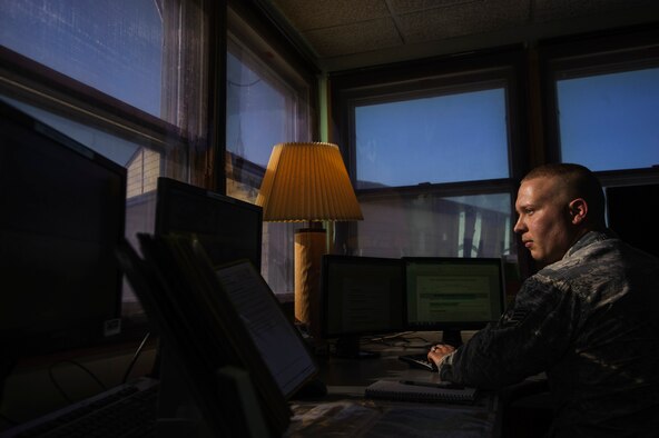 Senior Airman Joshua Lee, 91st Missile Security Forces Squadron response force leader, checks the perimeter of a launch facility near Minot Air Force Base, N.D., Feb. 14, 2014. (U.S. Air Force photo by Staff Sgt. Jonathan Snyder)