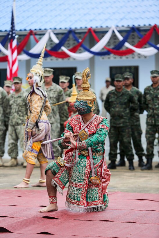 Traditional Thai dancers perform for guests and service members at the Wat Kun Song school dedication ceremony during Exercise Cobra Gold in Chanthaburi Province, Kingdom of Thailand, Feb. 20. Cobra Gold, in its 33rd iteration, demonstrates the U.S. and the Kingdom of Thailand's commitment to our long-standing alliance and regional partnership, prosperity and security in the Asia-Pacific region. The building of the school is a combined effort between the Kingdom of Thailand, U.S., and Republic of Korea. (U.S. Marine Corps photo by Sgt. Artur Shvartsberg/Released)