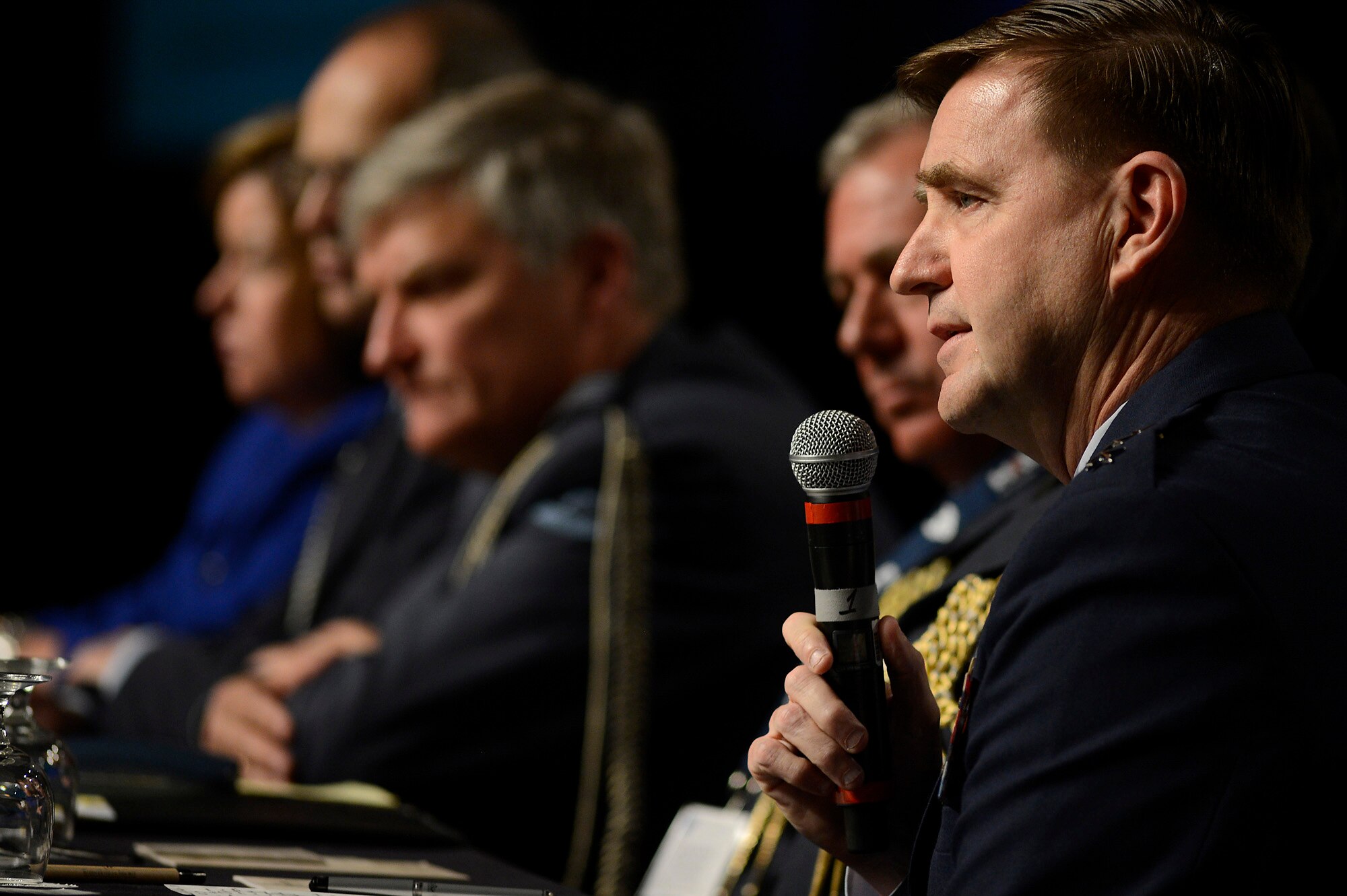 Air Force Assistant Vice Chief of Staff Lt. Gen. Stephen Hoog answers a question during the panel discussion, "Growing Partnerships," during the 30th Annual AFA Air Warfare Symposium and Technology Exposition, in Orlando, Fla., Feb. 20, 2014.  Hoog shared the panel with Deputy Assistant Secretary of the Air Force,International Affairs, Heidi Grant, German Air Attaché and Assistant Defense Attaché Col. Bernhard Altensberger, Royal Netherlands Air Force Air and Assistant Defense Attaché Col. Anton ven Drijver, New Zealand Defense Attaché Air Vice Marshall Graham Lintott and United Kingdom Air Attaché Air Commodore Kenneth McCann.  (U.S. Air Force photo/Scott M. Ash)