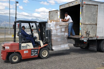 More than 19,000 pounds of donated medical supplies and equipment were picked up from Soto Cano Air Base by the non-governmental organization "Helping Hands for Honduras," working in conjunction with the United States Agency for International Development (USAID), Feb. 19, 2014. The six pallets of medical supplies originally arrived at Soto Cano via C-17 aircraft as "Denton Cargo," Feb. 3, and were offloaded and staged for pickup by Joint Task Force-Bravo's 612th Air Base Squadron.  (U.S. Air Force photo by Capt. Zach Anderson) 