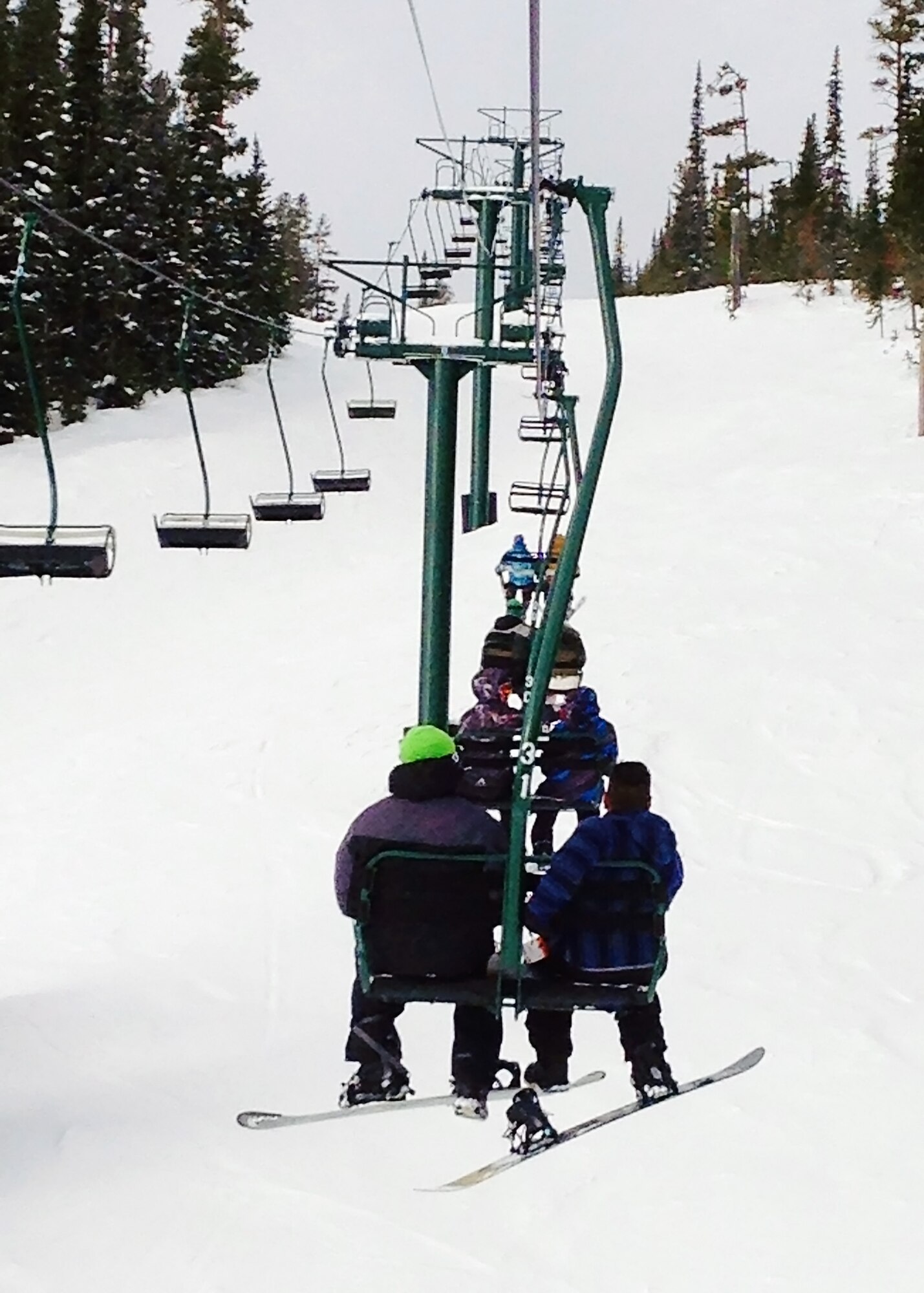 Team Malmstrom members ride one of three ski lifts to the top of Showdown Ski Resort’s slopes during Wing Ski Day on Feb. 13.  According to Airmen, Showdown Ski Resort offers first-class snowboard and ski slopes for people to enjoy all winter long and is the closest ski resort to Malmstrom Air Force Base. (U.S. Air Force photo/Airman 1st Class Collin Schmidt)