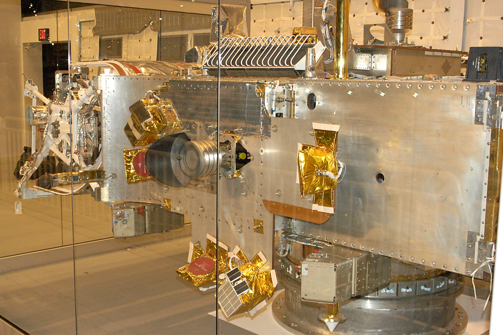 This experimental early-warning satellite was code named Teal Ruby. It was designed to test classified sensors to detect enemy aircraft crossing the polar region toward the USA during the Cold War. This would give U.S. forces early warning of nuclear attack. Teal Ruby was to be launched on a space shuttle in the 1980s, but the mission was cancelled. Instead, it became a test-bed for studying how space equipment ages in storage. (U.S. Air Force photo)