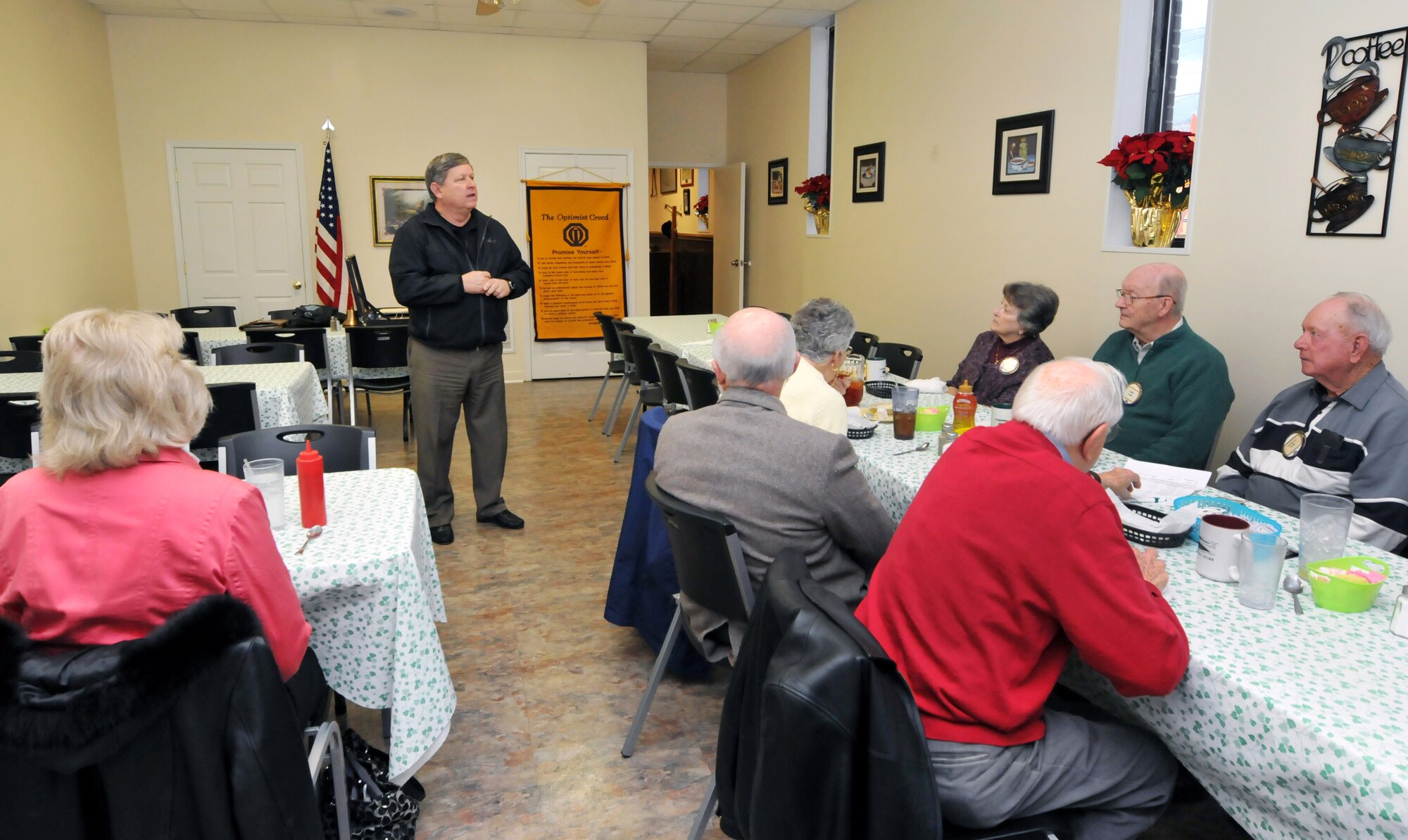 U.S. Air Force retired Chief Master Sgt. Terry Henderson, 145th Airlift Wing; spoke with leaders and local government officials during a meeting held by the Gastonia Optimist Club in Gastonia, N.C.  Henderson, who retired after serving over 42 years in the North Carolina Air National Guard, shared fond memories of many contributions made to the community and how the NCANG continues to give back to the community by supporting many organizations.  Henderson continues serving in the NCANG as manager of the Airman & Family Readiness Program, 145th Force Support Squadron, at the North Carolina Air National Guard base, Charlotte Douglas Intl. airport. (U.S. Air National Guard photo by Master Sgt. Patricia F. Moran/Released)