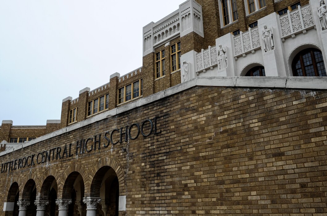 Little Rock Central High School stands out among other buildings on Daisy L. Gatson Bates Road in Little Rock, Ark. The school, historically connected to the Little Rock Nine, is one of the only present active high schools that is noted for its racial desegregation history. (U.S. Air Force photo by Staff Sgt. Jessica Condit)