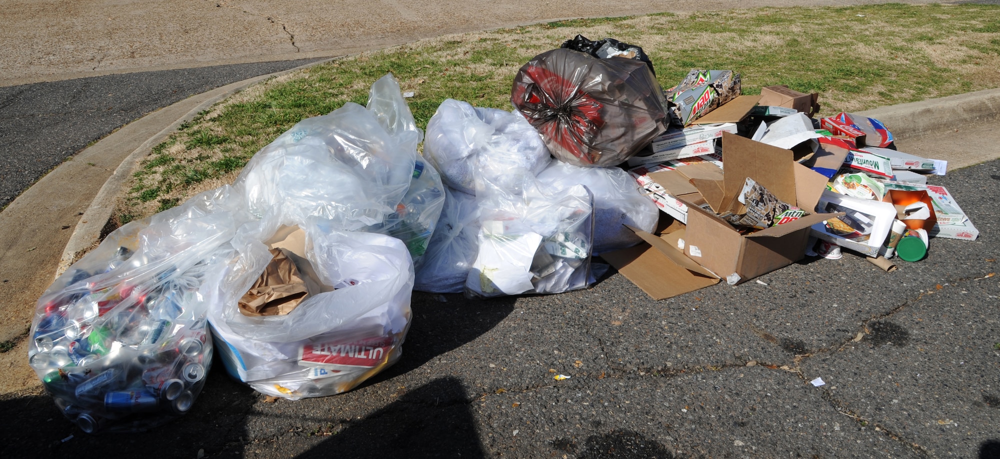 Environmental specialists from the 2nd Civil Engineer Squadron performed a dumpster dive on Barksdale Air Force Base, La, Feb. 14, 2014. Fifty percent of the waste found in the dumpster were recyclable items. Cardboard, plastic bottles and cans were just a few of the items improperly disposed of. (U.S. Air Force photo/Senior Airman Joseph A. Pagán Jr.)