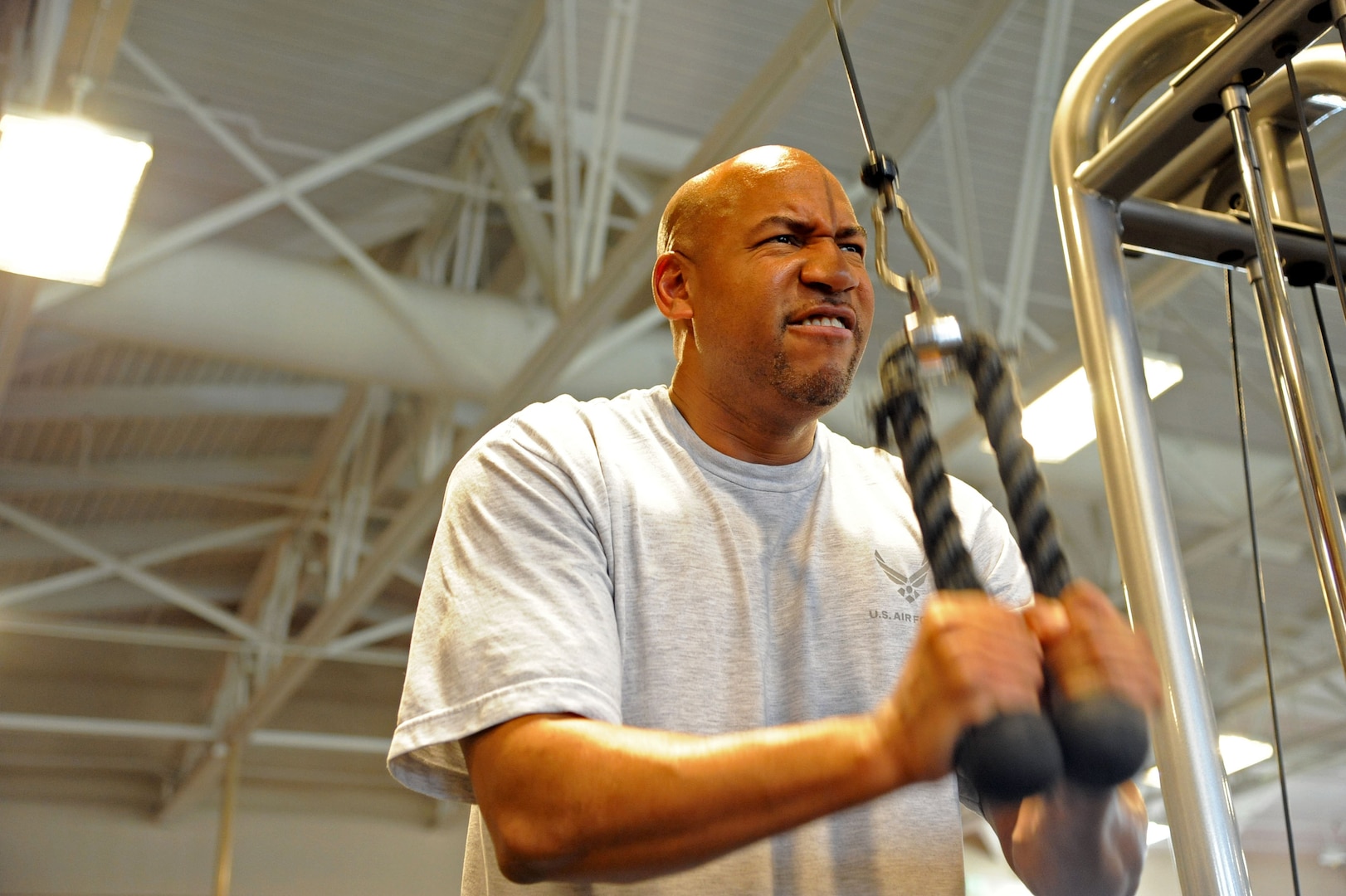 Thomas Brewer, retired Air Force Security Forces Squadron master sergeant, works out Tuesday at Joint Base San Antonio-Randolph Rambler Fitness Center. The New Year New You program is a year-long event that encourages participants to focus on getting in shape throughout the year. (U.S. Air Force photo by Airman 1st Class Kenna Jackson)