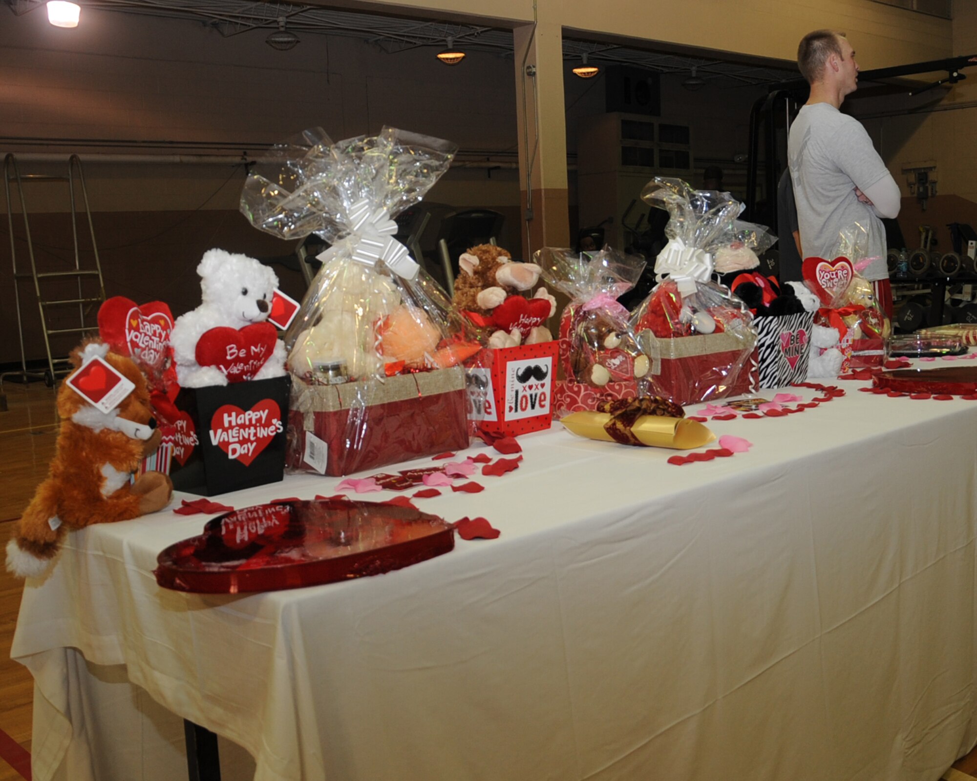 A display of raffle prizes sits on display during the Run for Love 5K run on Barksdale Air Force Base, La., Feb. 14, 2014.  Prizes were donated from various community sponsors in an effort to show their support to Team Barksdale and their families. (U.S. Air Force photo/Staff Sgt. Sean Martin)

