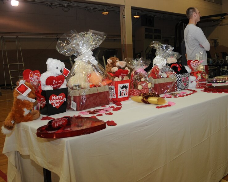 A display of raffle prizes sits on display during the Run for Love 5K run on Barksdale Air Force Base, La., Feb. 14, 2014.  Prizes were donated from various community sponsors in an effort to show their support to Team Barksdale and their families. (U.S. Air Force photo/Staff Sgt. Sean Martin)