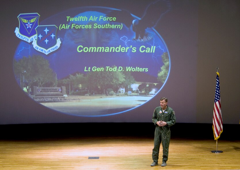 U.S. Air Force Lt. Gen. Tod Wolters, 12th Air Force commander, speaks to members of Team Dyess during a commander’s call Feb. 13, 2014, at Dyess Air Force Base, Texas. During his tour, Wolters was briefed by leadership from units across the wing about the accomplishments Dyess has achieved during the last two years to include the 7th Bomb Wing close-out flying hour program, the 9th Bomb Squadron surge in preparation for a deployment, the Integrated Battle Station system upgrades and the integration of Joint Air-to-Surface Standoff Missile with the B-1. (U.S. Air Force photo by Senior Airman Peter Thompson/Released)
