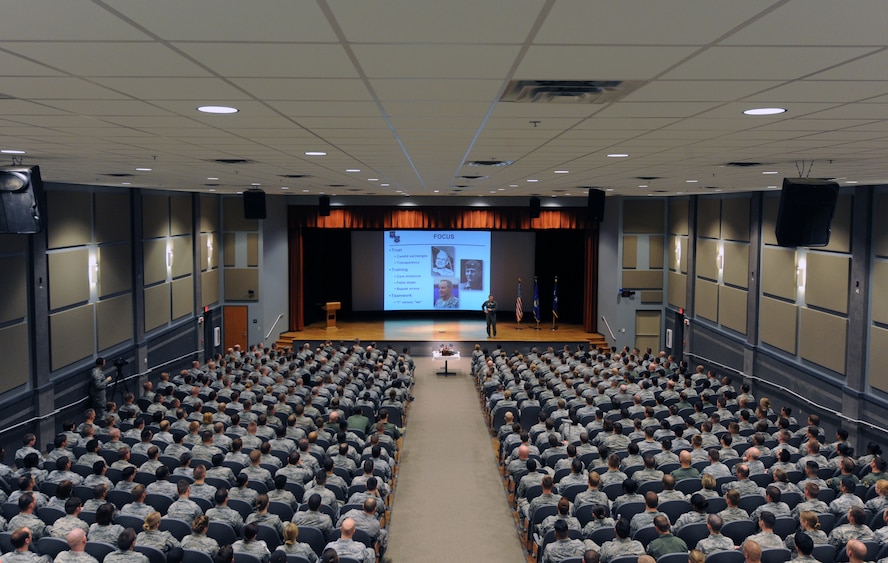 U.S. Air Force Lt. Gen. Tod Wolters, 12th Air Force commander, speaks to members of Team Dyess during a commander’s call Feb. 13, 2014, at Dyess Air Force Base, Texas. During the call, he addressed the base on issues currently affecting the entire Air Force to include Force Management, sexual assault, and suicide prevention. (U.S. Air Force photo by Senior Airman Peter Thompson/Released)