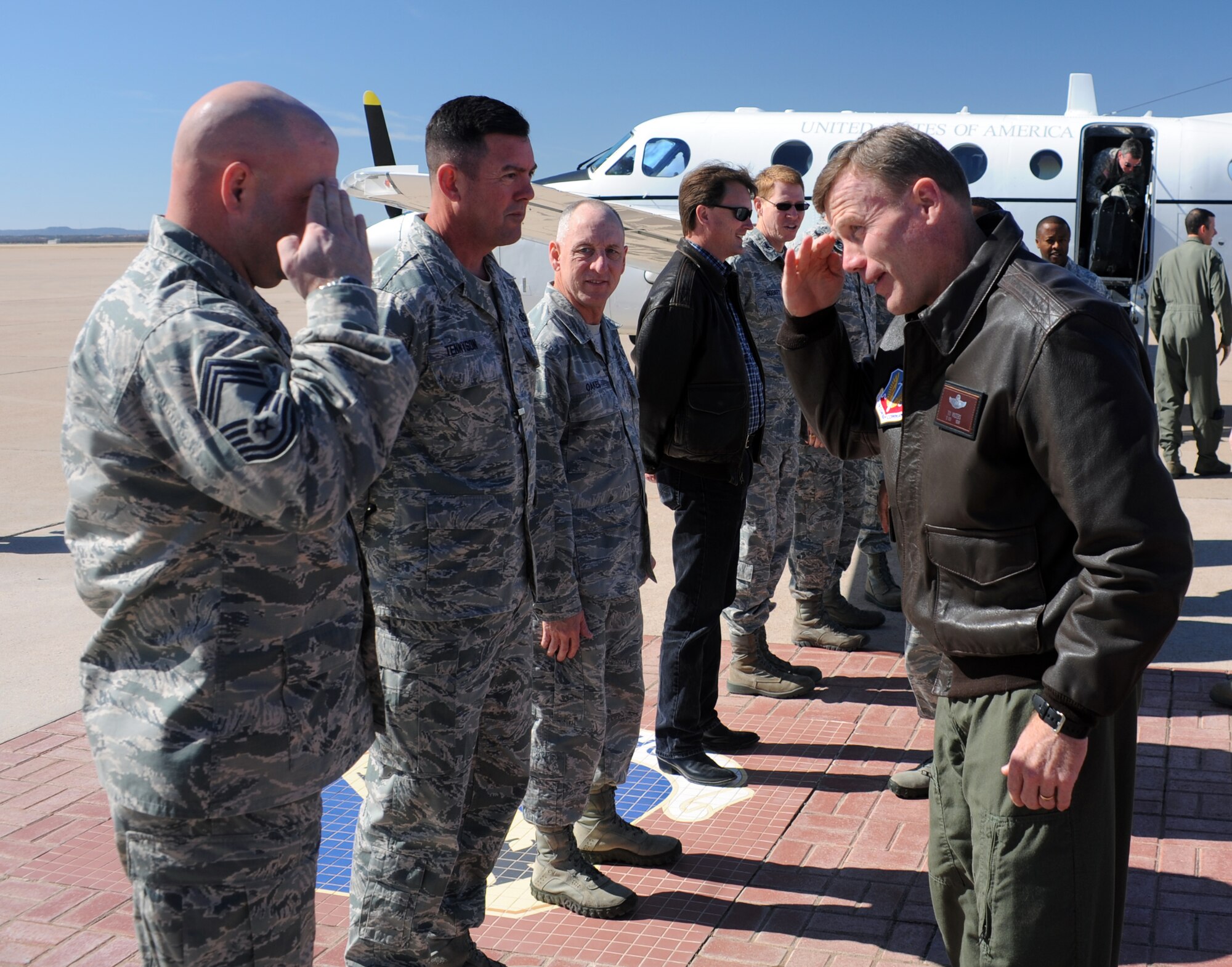 U.S. Air Force Lt. Gen. Tod Wolters, 12th Air Force commander, is greeted by wing leadership Feb. 13, 2014, at Dyess Air Force Base, Texas. During Wolters’ visit he toured several of the bases facilities, hosted an all-call, met with Dyess AFB leadership and presided over the 7th Bomb Wing change of command ceremony. (U.S. Air Force photo by Senior Airman Peter Thompson/Released)