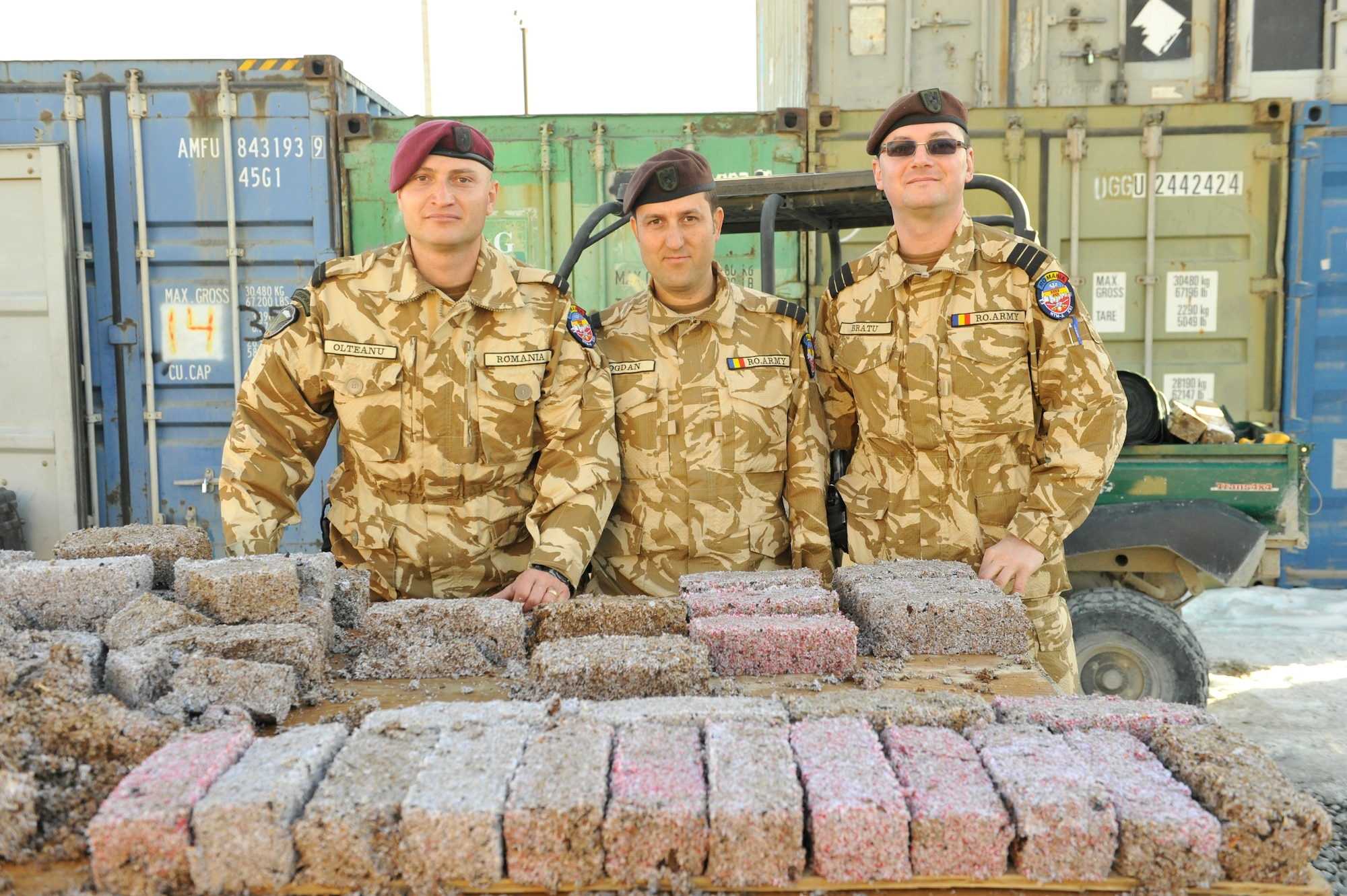 Staff Sgt. Razvan Olteanu, Sgt. Major Georgica Bogdan, and Sgt. Major Cristian Bratu of the Romanian Army, stand beside a table of fire bricks that they helped to make at Camp Phoenix, Afghanistan, Feb. 16, 2014. The soldiers all volunteered to make the fire starters that are later distributed to local Afghan families to use as a source of heat during cold weather.(U.S. Air Force photo by Senior Master Sgt. Gary J. Rihn/Released)