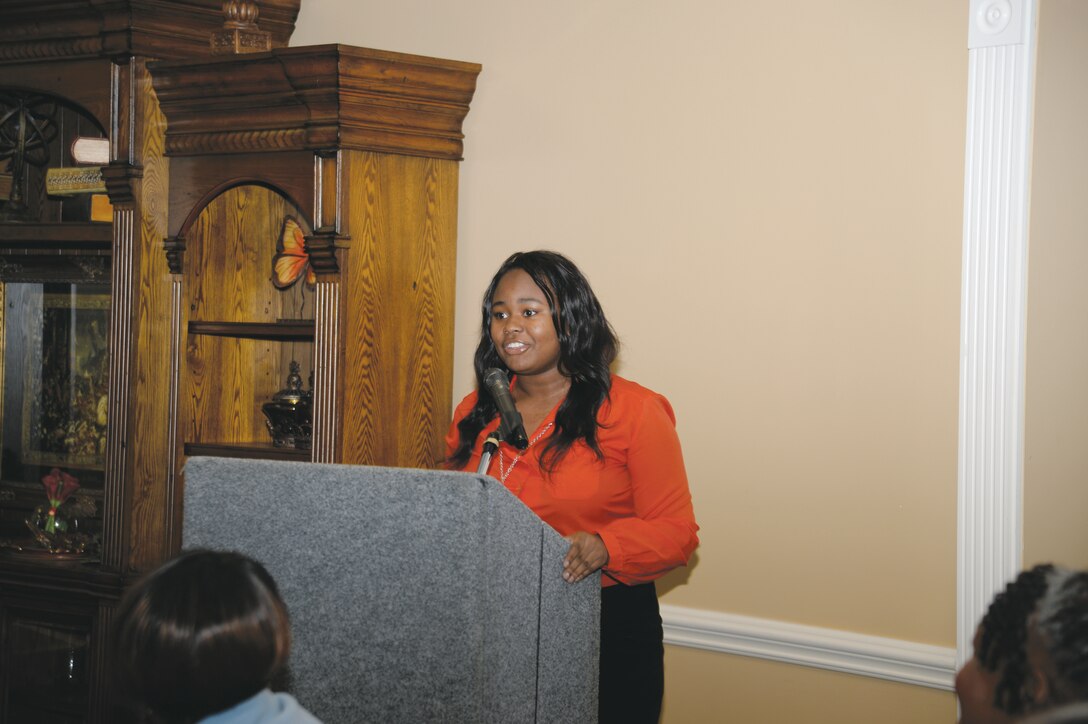 Albany High School Sophomore, Jasmine Cox, entertains attendees at Marine Corps Logistics Base Albany’s Black History Month luncheon, with a poem she wrote entitled, “Freedom.” Cox received two standing ovations from the capacity crowd.