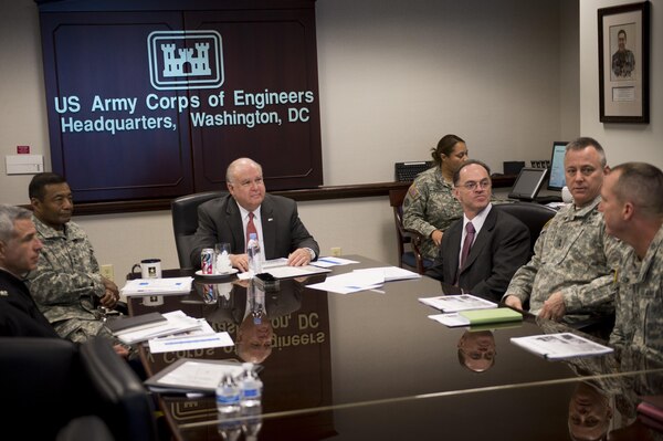 Under Secretary of the Army Joseph W. Westphal visits the Headquarters, U.S. Army Corps of Engineers (USACE) on February 4, 2014, to receive various updates from USACE leadership regarding current initiatives and the mission of the Transatlantic Division. The Transatlantic Division is responsible for military construction supporting U.S. forces throughout the U.S. Central Command area of operations and for Corps of Engineers?' international and interagency engineering missions that support U.S. policy initiatives abroad. Additionally, Westphal recognized the vital contributions of Soldiers assigned to the 249th Engineer Battalion (Prime Power) and their unique mission to provide commercial-level power to military units and federal relief organizations. The 249th Engineer Battalion (Prime Power) is charged with the rapid provision of Army generators to support worldwide requirements.