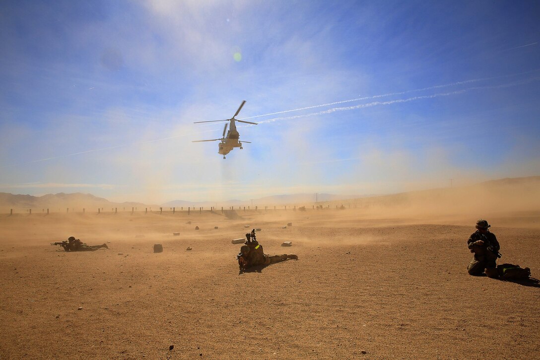 Marines with Company E, 2nd Battalion, 7th Marine Regiment, secure a landing zone after disembarking a CH-46 Chinook helicopter during a squad competition aboard the Combat Center Feb. 12, 2014. The helicopter provided initial transport to the nearly 10-mile course, where squads then navigated the different obstacles on their own.


