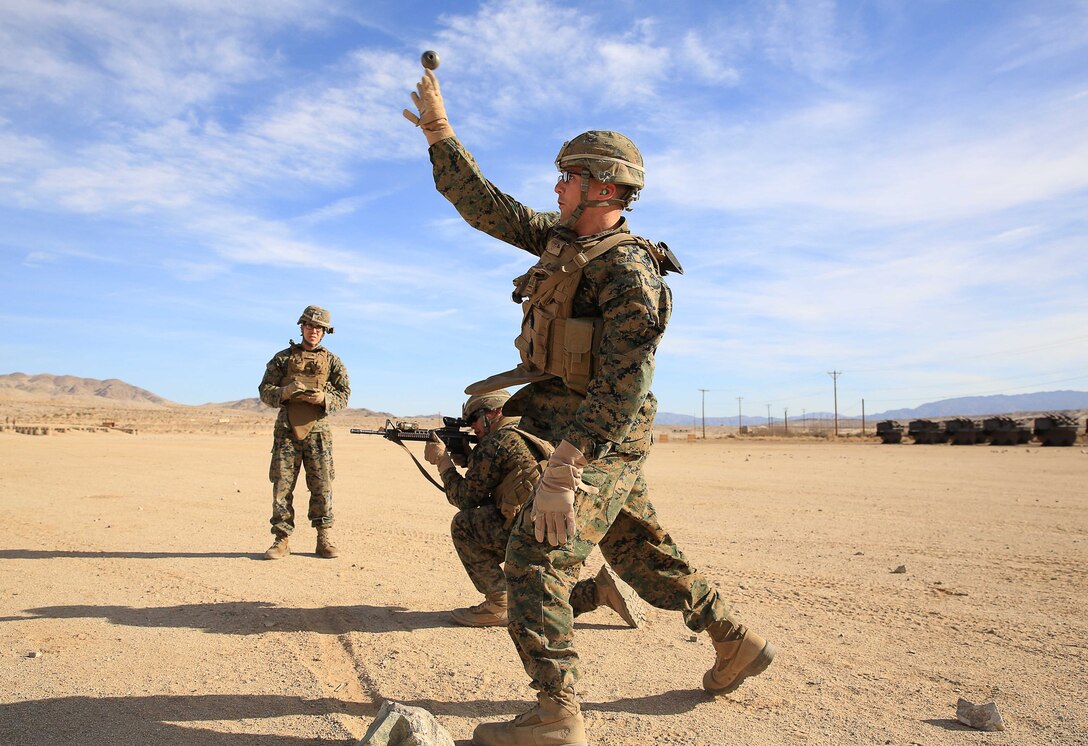 Marines with Company E, 2nd Battalion, 7th Marine Regiment conduct a live-fire exercise utilizing M16A4 service rifles and hand grenades aboard Range 701 as part of a company squad competition aboard the Combat Center Feb. 12, 2014. The competition included live-fire in addition to physical endurance as a test of the Marines’ operational capability.


